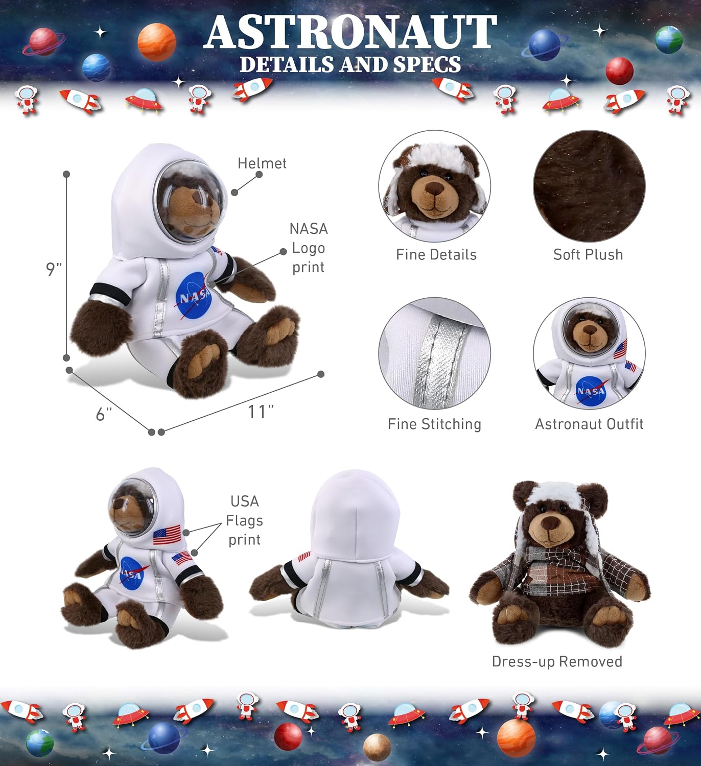 DolliBu Sitting Brown Bear Astronaut Plush Toy - Wild Life Astronaut Stuffed Animal with Space Helmet and NASA Astronaut Suit, Spaceman Doll Decor for Girls and Boys with Personalization - 11 Inch