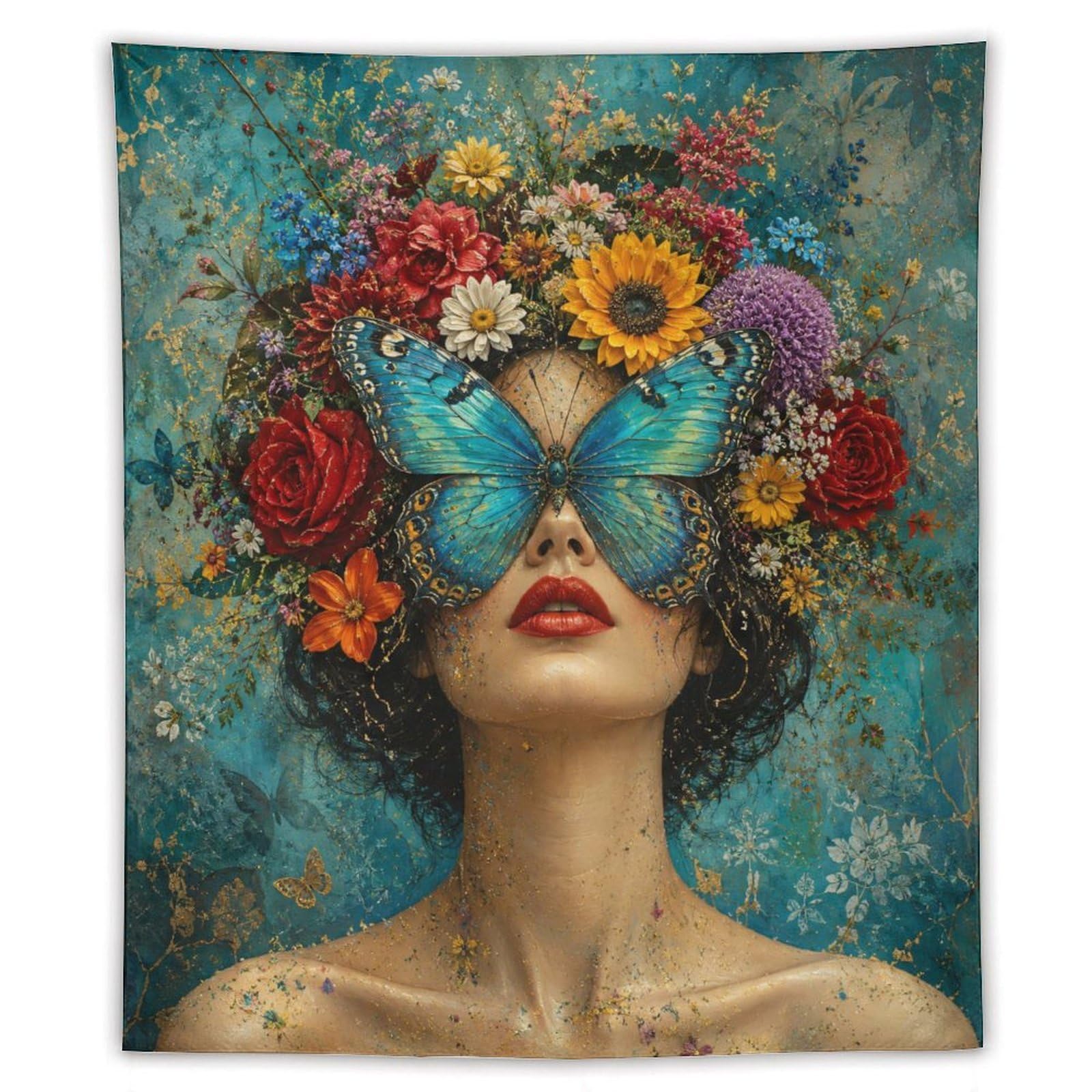 W7C8U2X3 Butterfly Woman Teal Floral Wall Tapestry, Oil Painting, Backdrop