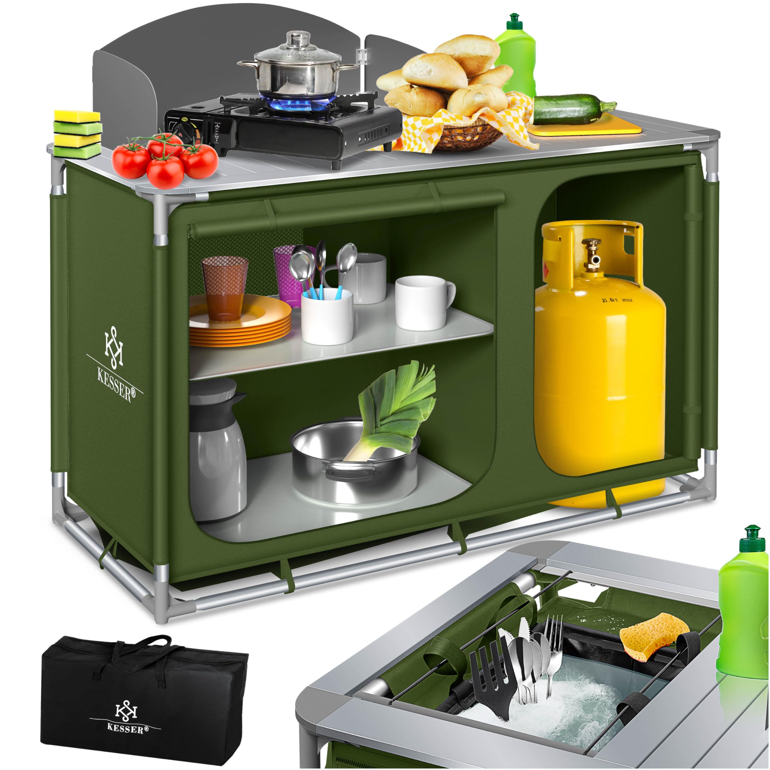 KESSER® Cuisine de camping | Avec sac de transport et set de tasses | Armoire de camping pliable | avec cadre en aluminium | Cuisine de voyage | Boîte de cuisine | Armoire de tente | Cuisine de