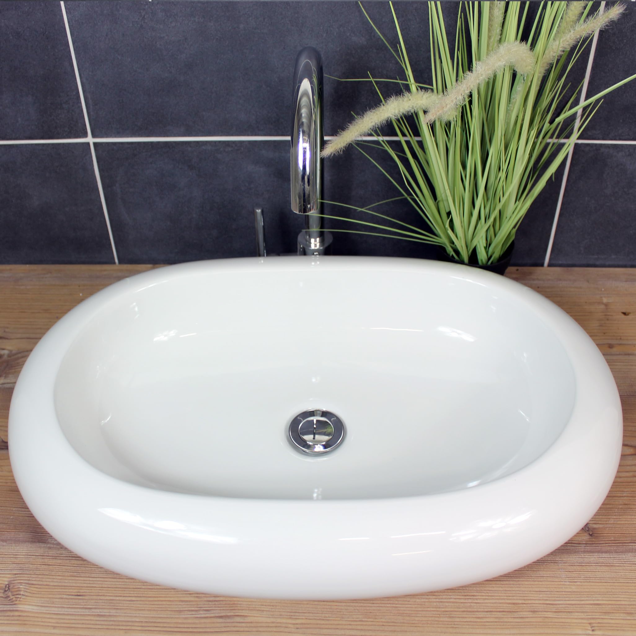 Lavabo ovale da appoggio 62 x 40 x 10 cm, allungato, arrotondato, in ceramica, bianco, moderno, grande