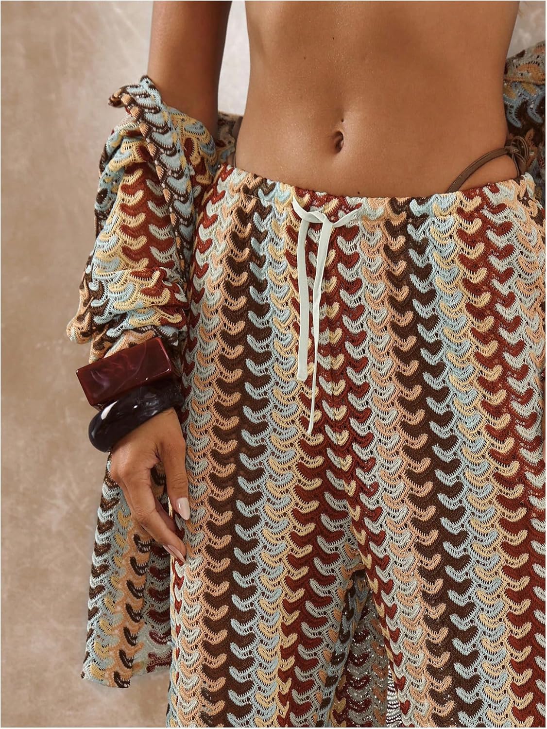 GORGLITTER Women's Boho Crochet Cover Up Pants Wide Leg Low Rise Trousers Striped Baggy Colorful Bottoms Festival Outfit