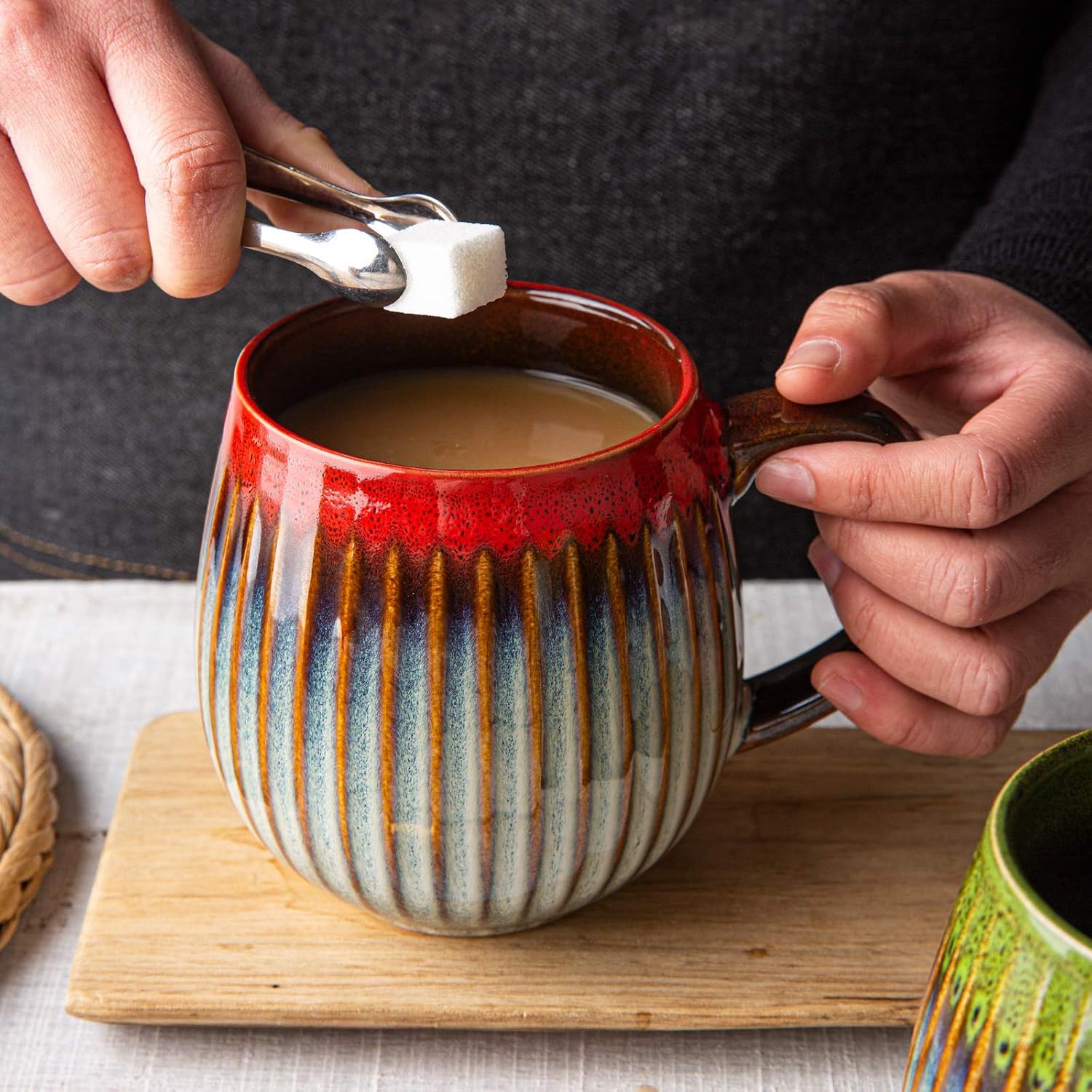 DAILYLAND Ceramic Coffee Melon Mug Reactive glaze 18 oz for home and office (grey Red)