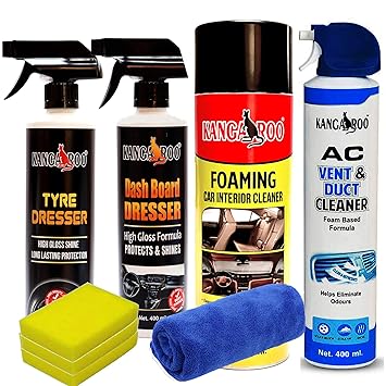 Kangaroo Premium Car Care Kit Include Foaming Car Interior Cleaner Spray 500 ML with (Dashboard Dresser + Tyre Dresser + AC Vent & Duct Cleaner) 400 ML Each