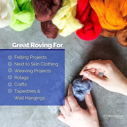 Miniatura 5 de Revolution Fibers Lana merino teñida de fieltro de aguja  Parte superior de lana peinada de alta calidad  22.5 micras, 100% lana merino pura, de