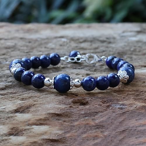Miniatura 5 de NOVICA Lapislázuli Plata de ley 925 pulsera con abalorio, 7.75," "Deep floral