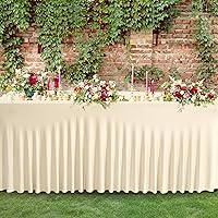 Vista 7 de Faldones de mesa de elastano marfil perlado para mesas rectangulares de 4 pies, mantel plegable elástico marfil perlado para bodas, fiestas