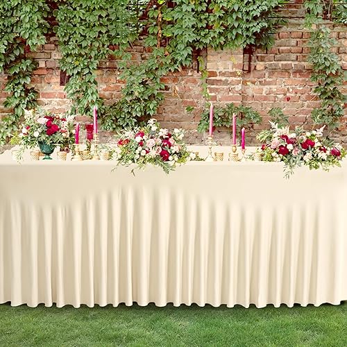 Miniatura 7 de Faldones de mesa de elastano marfil perlado para mesas rectangulares de 4 pies, mantel plegable elástico marfil perlado para bodas, fiestas de