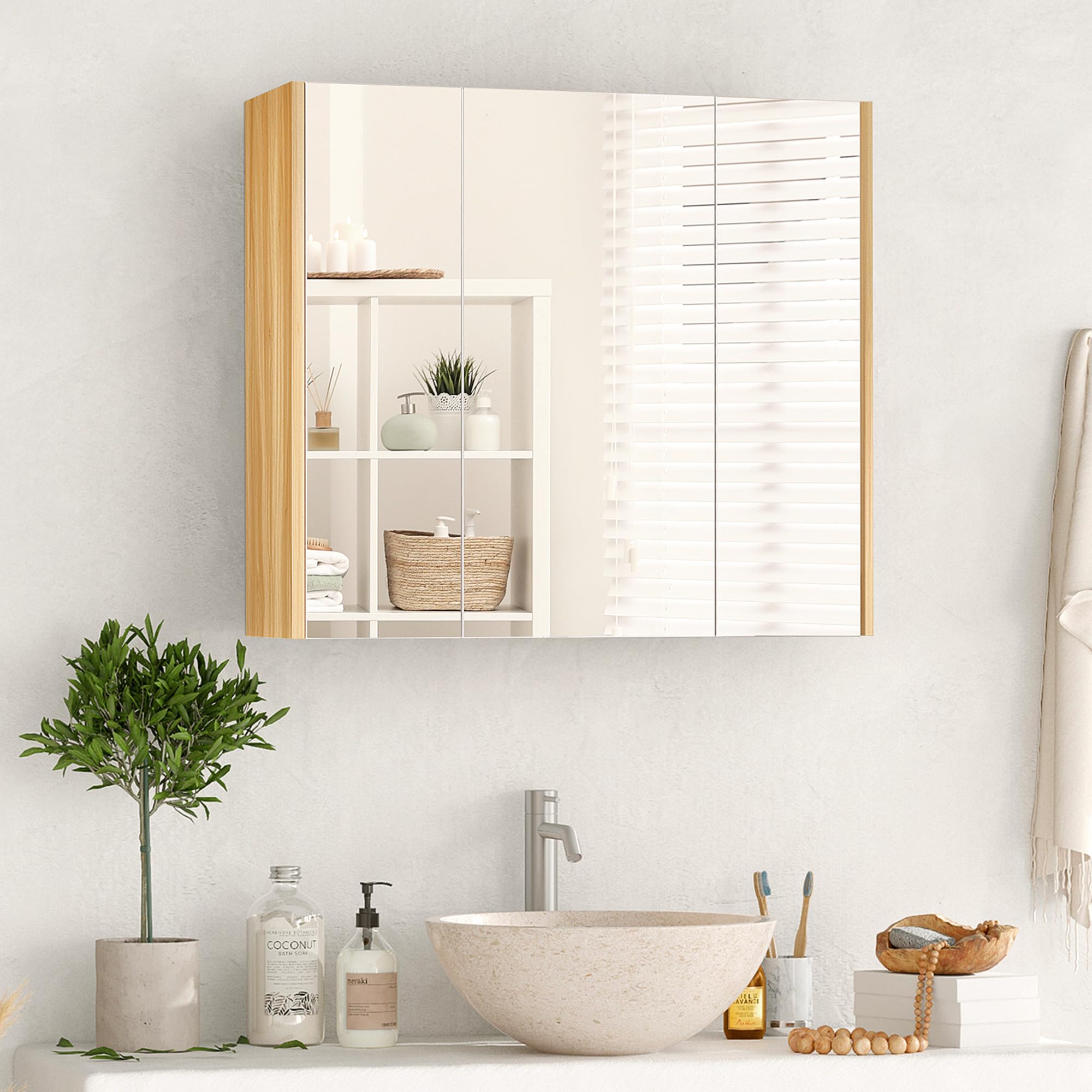 kleankin Armoire Miroir Salle de Bain Armoire de Toilette Miroir 3 Portes 4 étagères réglables 68 x 22 x 60 cm Aspect chêne Clair - Blanc