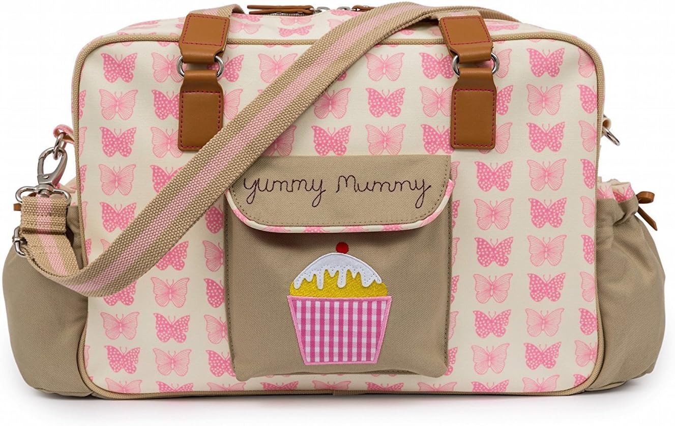 Yummy Mummy Stylish Nursery Changing Bag - Pink Butterflies Design - Includes Travel Changing Mat Cupcake Design
