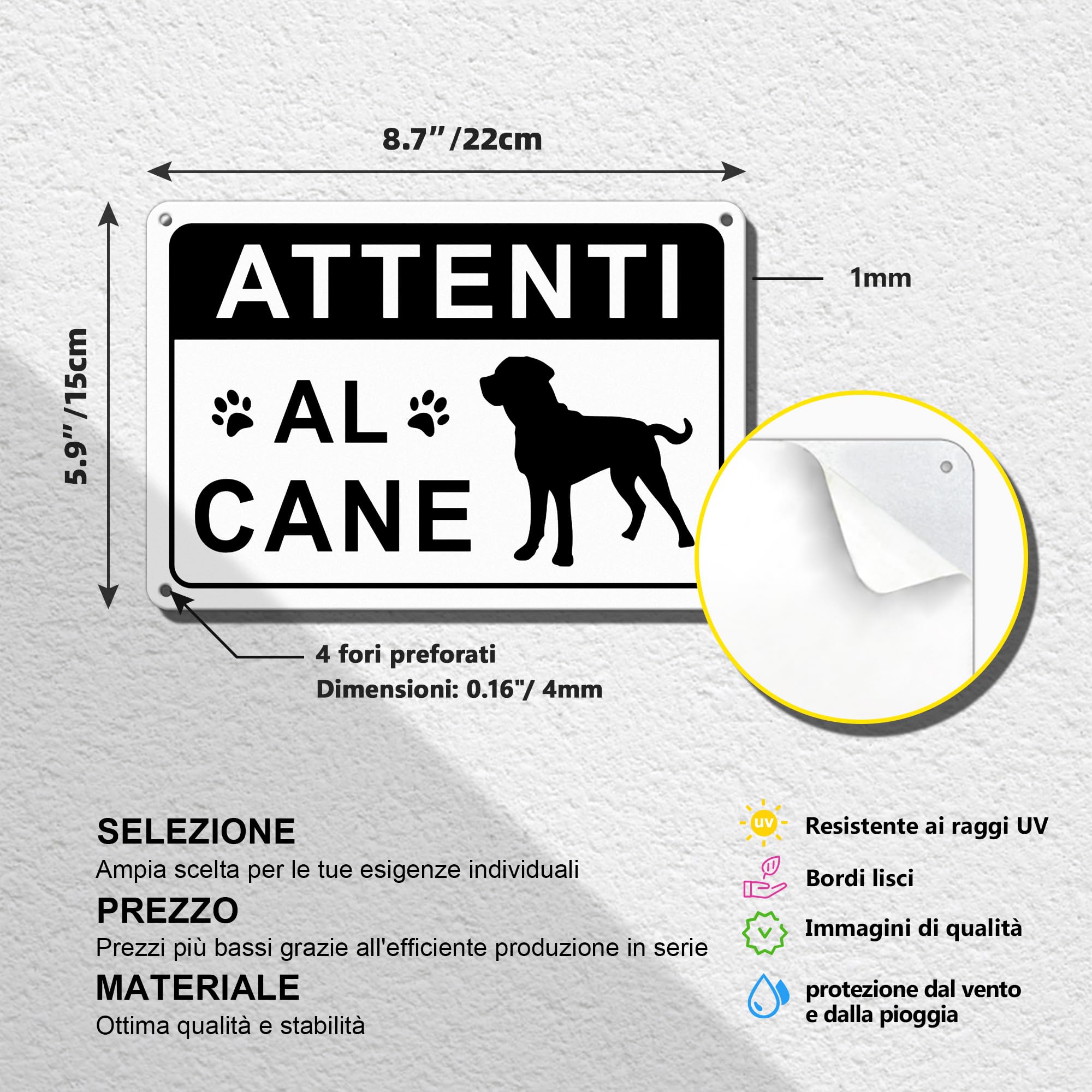 TAKULA Cartello Attenti al Cane Professionale 22x15cm - Alluminio Riflettente con Adesivo Forte - Impermeabile e Antigraffio - Ideale per Cancelli e Giardini