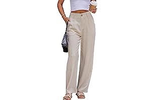 Women's Summer Linen Casual High Waist Wide Leg Straight Dress Cotton Linen Pants Button Trousers