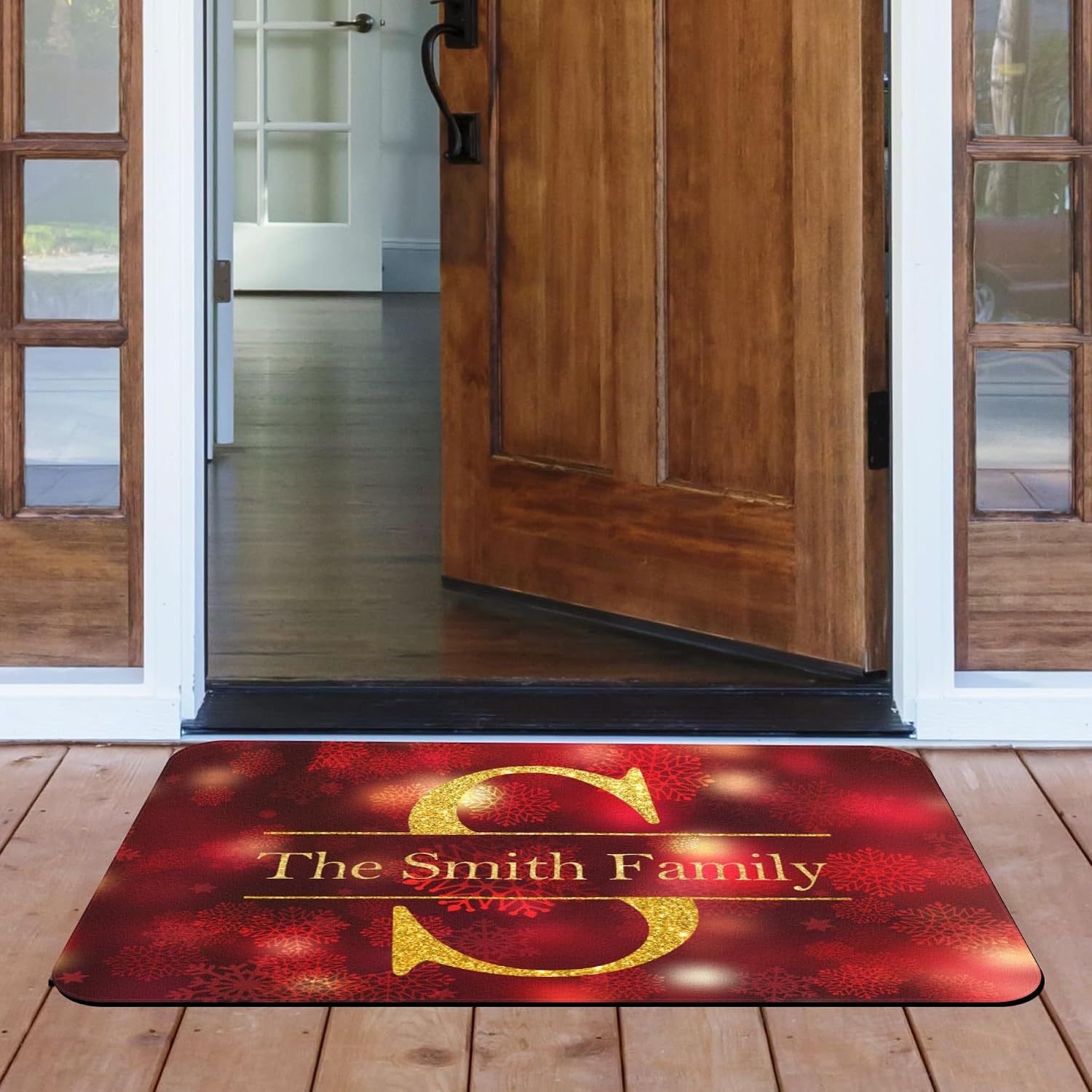 Personalized Christmas Door Mat with Your Name for Indoor Outdoor Front Door Custom Name Christmas Door Mat Outdoor Welcome Mats with Family Name Non Slip Rubber Backing for Home Entrance Yard