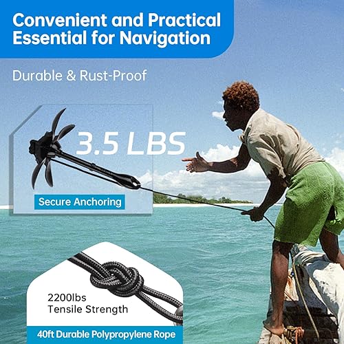 Miniatura 2 de Alpinista Anclaje de kayak, kit de anclaje plegable portátil de 3.5 libras con cuerda marina de 40 pies para kayak, canoas, pesca y accesorios de