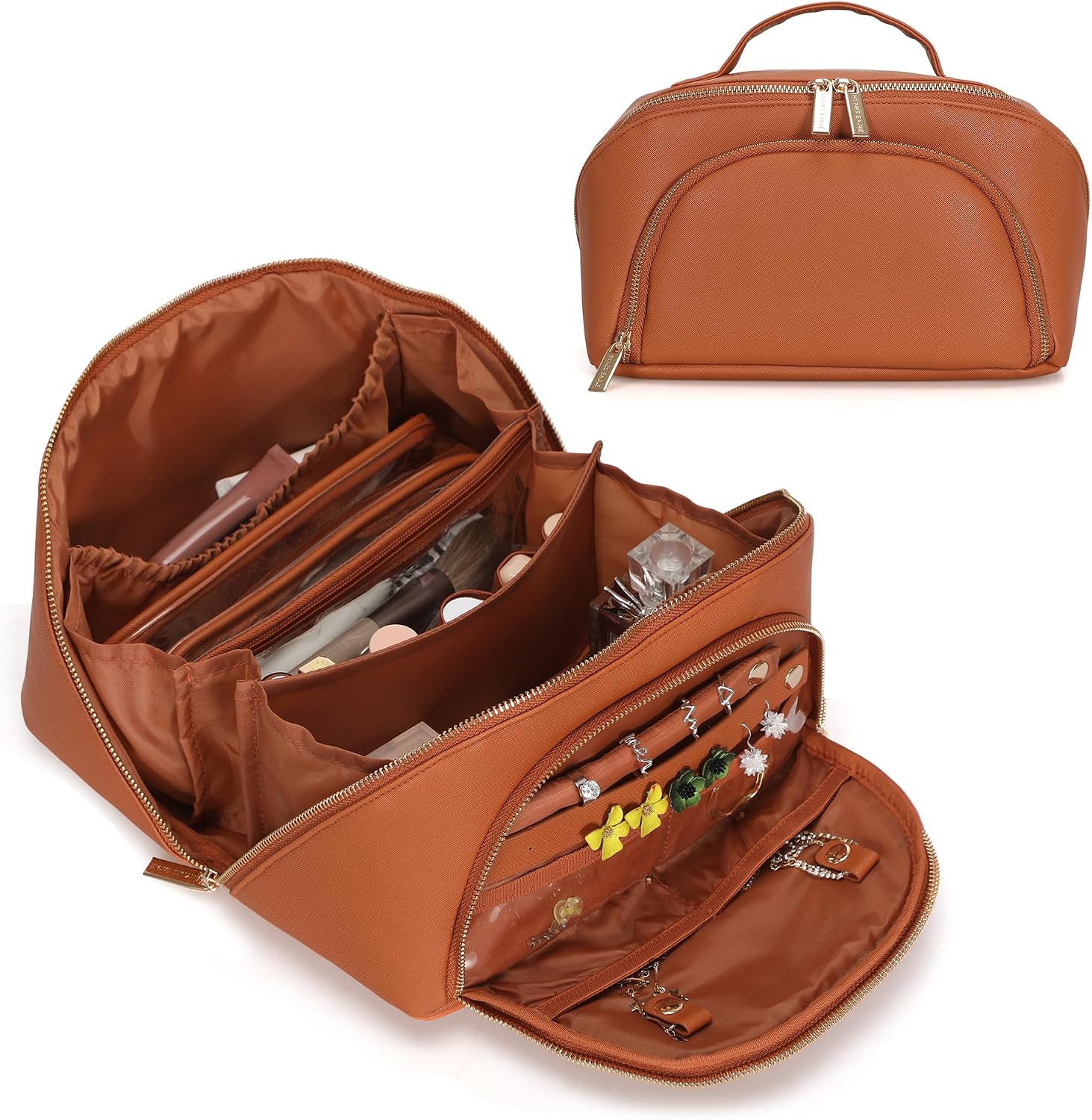Hynes Eagle Luxe Large Makeup Case 2 in 1 Set Travel Cosmetic Bag Brown