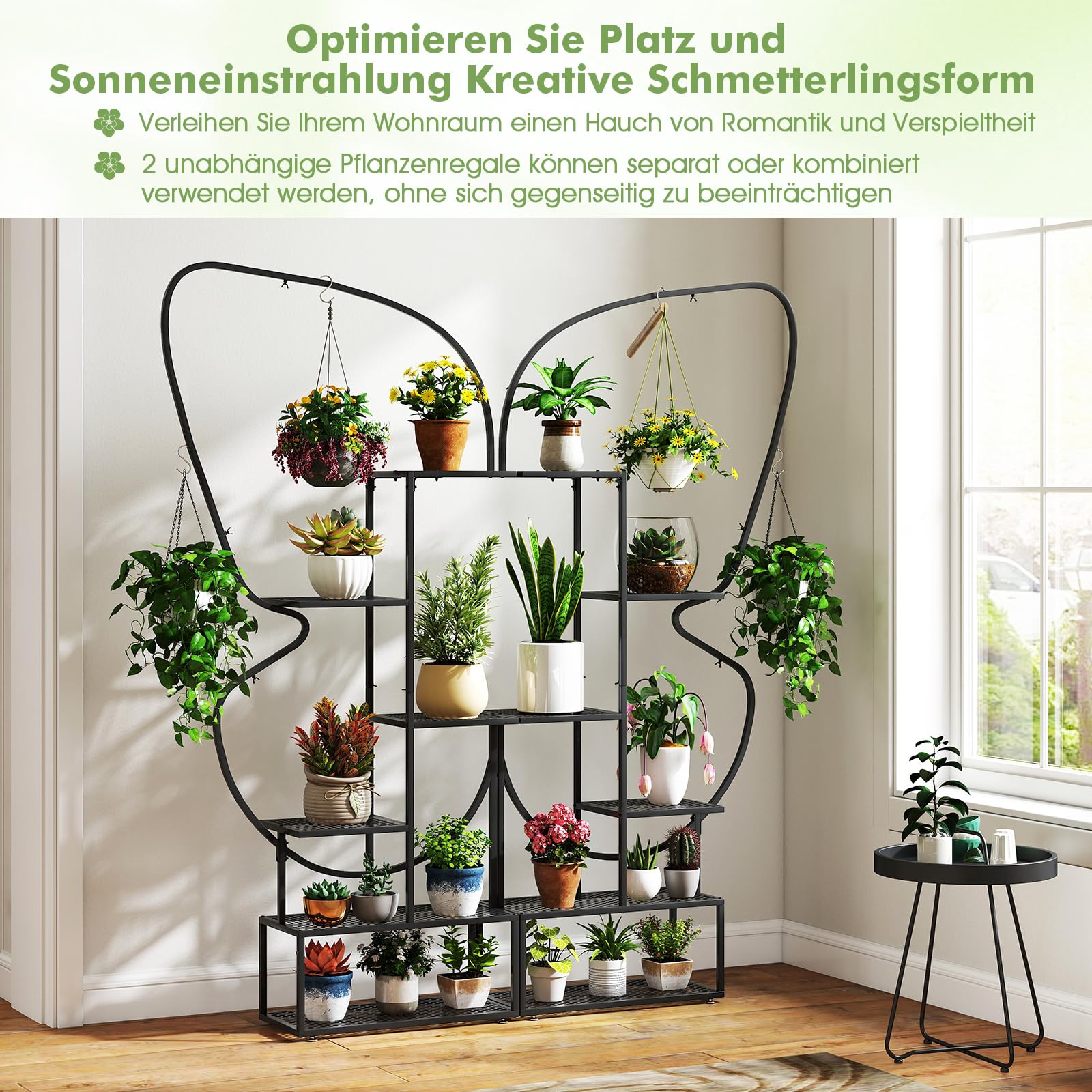 COSTWAY 6-stufiger Metall Pflanzenständer, schmetterlingsförmig, Blumenregal mit 4 Haken, Pflanzenregal Leiterregal, Pflanzenleiter Blumenständer, für Garten Balkon Wohnzimmer, 185 cm (Schwarz)
