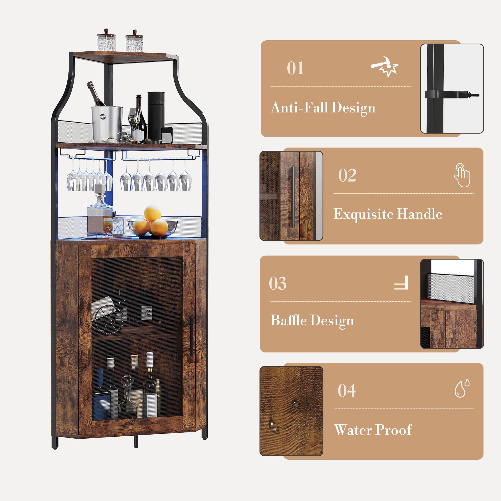 GarveeTech Eckbar Weinschrank Mit LED-Beleuchtung – 5-Stufiger Industrie-Bar-Schrank Mit Glasständer, Moderner Spirituosenschrank Mit Höhenverstellbarem Regal & Maschentür – Home Bar Cabinet, Braun