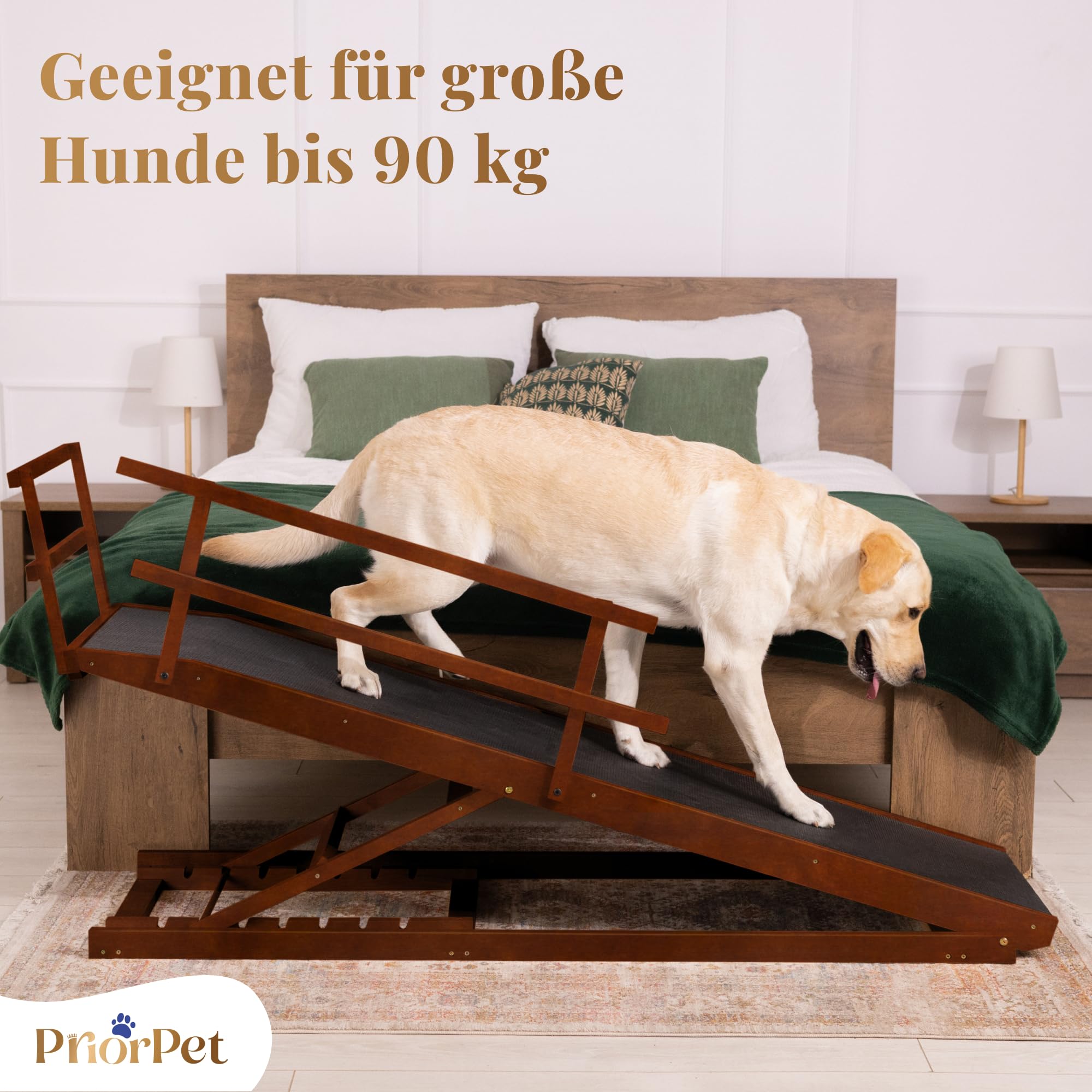Hunderampe Bett mit Sicherheitsgeländer - Für Große Hunde bis zu 90 kg - Höhenverstellbare hundetreppe für Betten bis zu 94.5cm - Breite 49,5 cm - Klappbar - Anti-Rutsch-Griff - Birkenholz - Walnuß