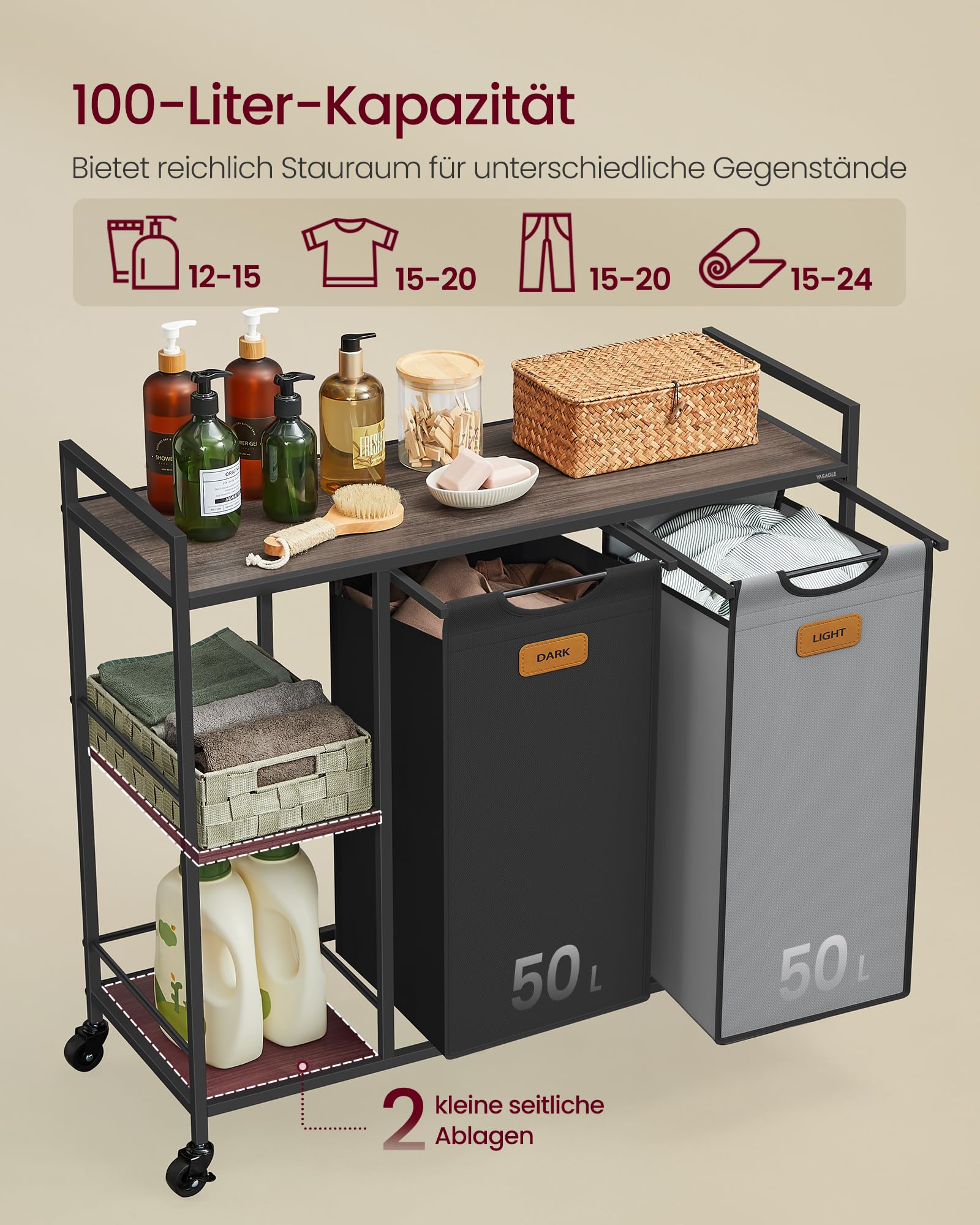 VASAGLE Wäschekorb 2 Fächer, Wäschesammler 100 L, Wäschesortierer, Rollen, Wäschewagen mit Ablagen, Wäschesack, mit abnehmbaren Taschen, 6 Etiketten, kastanienbraun-tintenschwarz-taubengrau BLH311B02