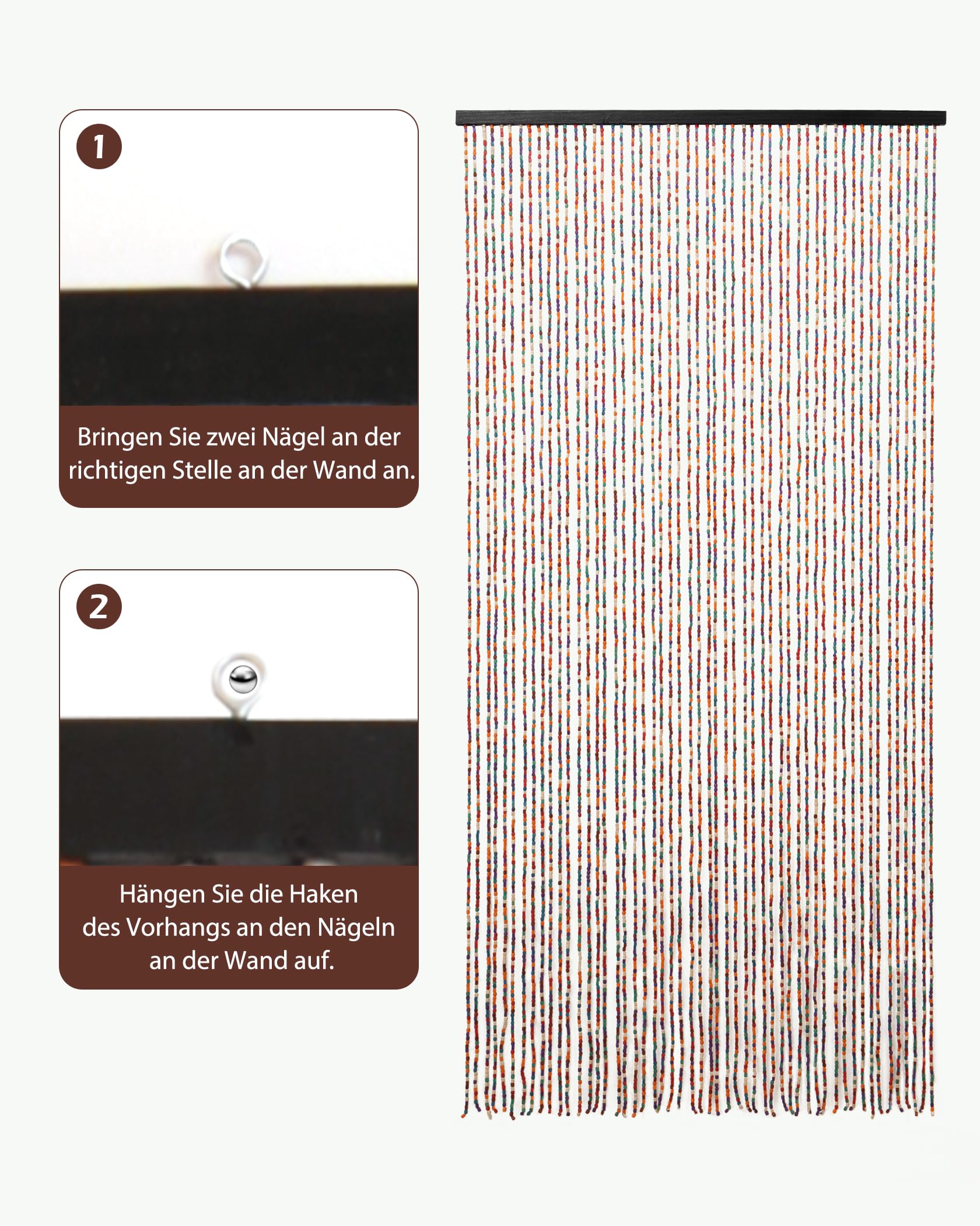 90 * 200cm Perlenvorhang Türvorhang 52 Stränge Bunt Holzperlenvorhang als Bohemian-Stil Dekoration und Insektenschutz, Handarbeit Perlenvorhang für Fenster, Tür, Zimmer