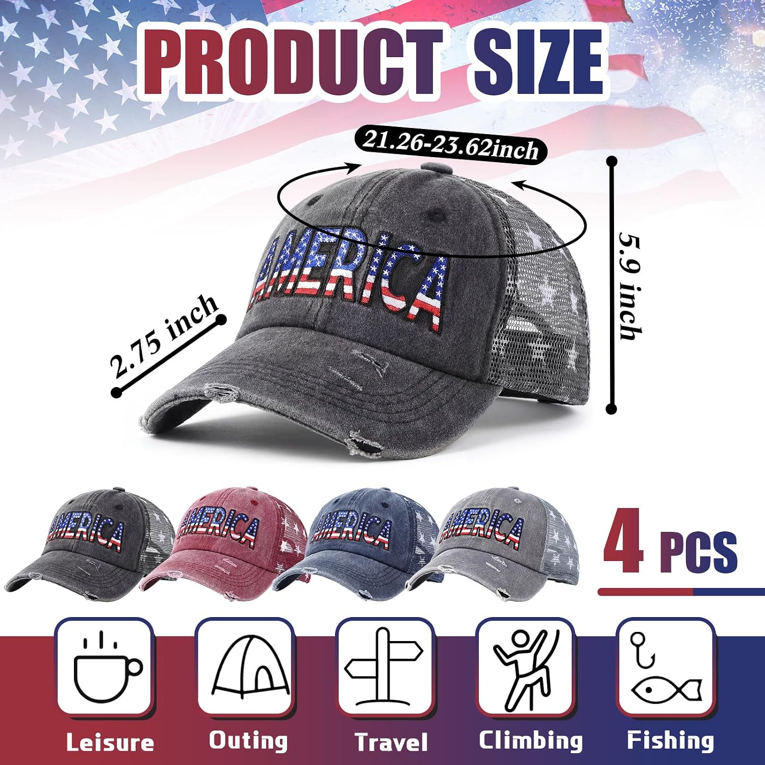 Jeyiour 4 Pcs 4th of July America Baseball Cap Patriotic Flag Baseball Hat Adjustable Cotton Red White Blue Independence Day 250th Anniversary Outfits for Men Women USA