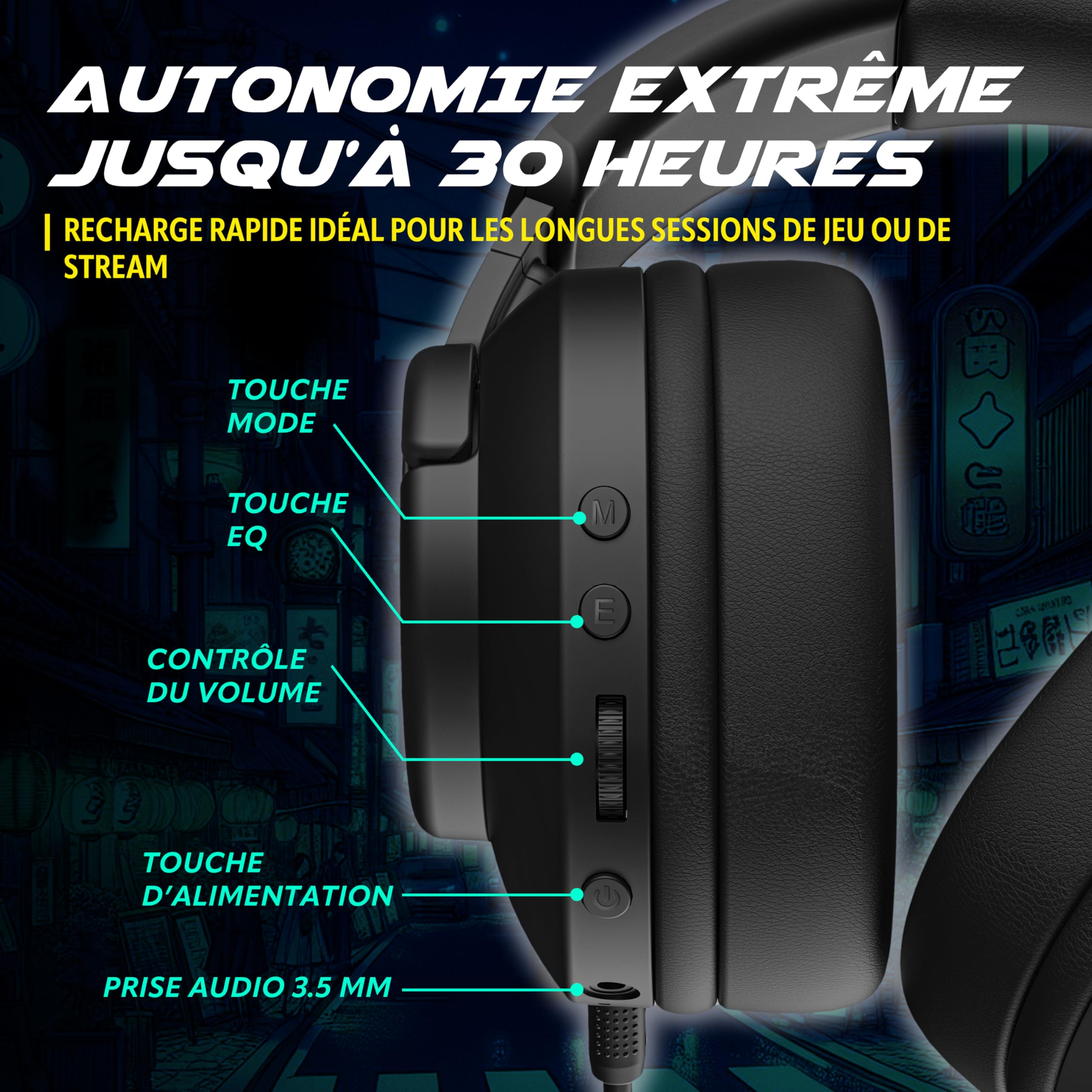 Akuma Bezprzewodowy zestaw słuchawkowy SEINEN H06 WL dla graczy - dźwięk przestrzenny 3D, Bluetooth 5,3 + 2,4 GHz, gniazdo 3,5 mm, odłączany mikrofon ENC, żywotność baterii 30 godzin, komfort z pianki