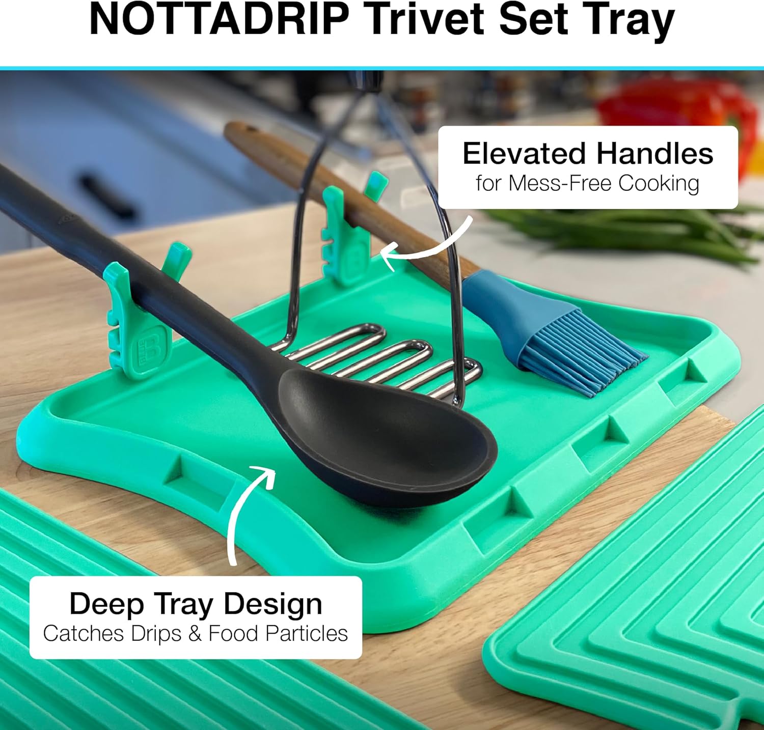 Nottadrip Silicone Spoon Rest for Stove Top - Kitchen Spoon Rest for Countertop, Ladle Holder, All in 1 Serving Station, Elevate Handles, Drip to Tray, Mess Free - 5PC Trivet Set - Mint