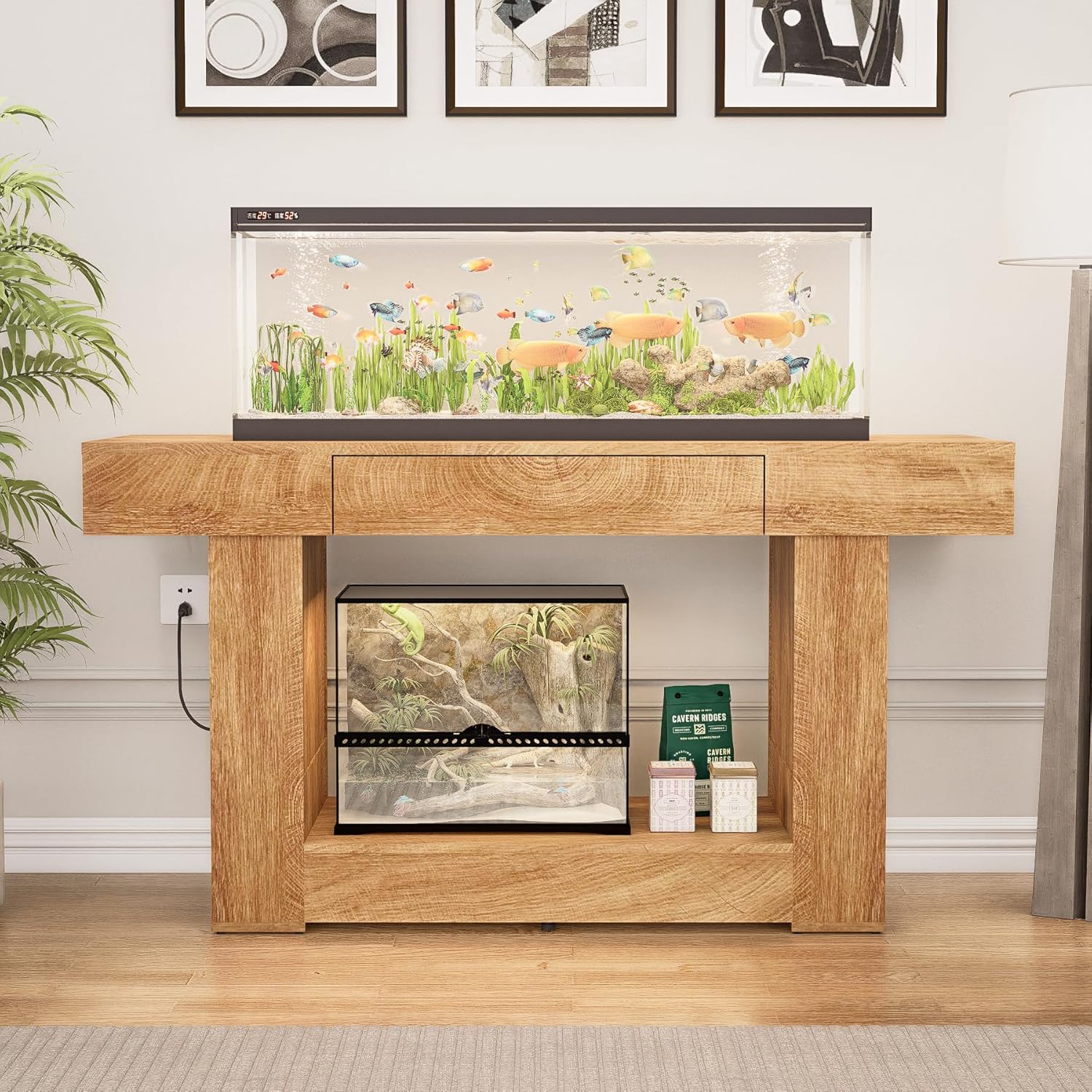 55–75/90 Gallon Aquarium Stand, 48 Inch Fish Tank Stand with Power Outlets & USB Ports, Heavy Duty Double Aquarium Stand for Turtle Reptile Terrarium, Farmhouse Tank Stand, Natural Wood