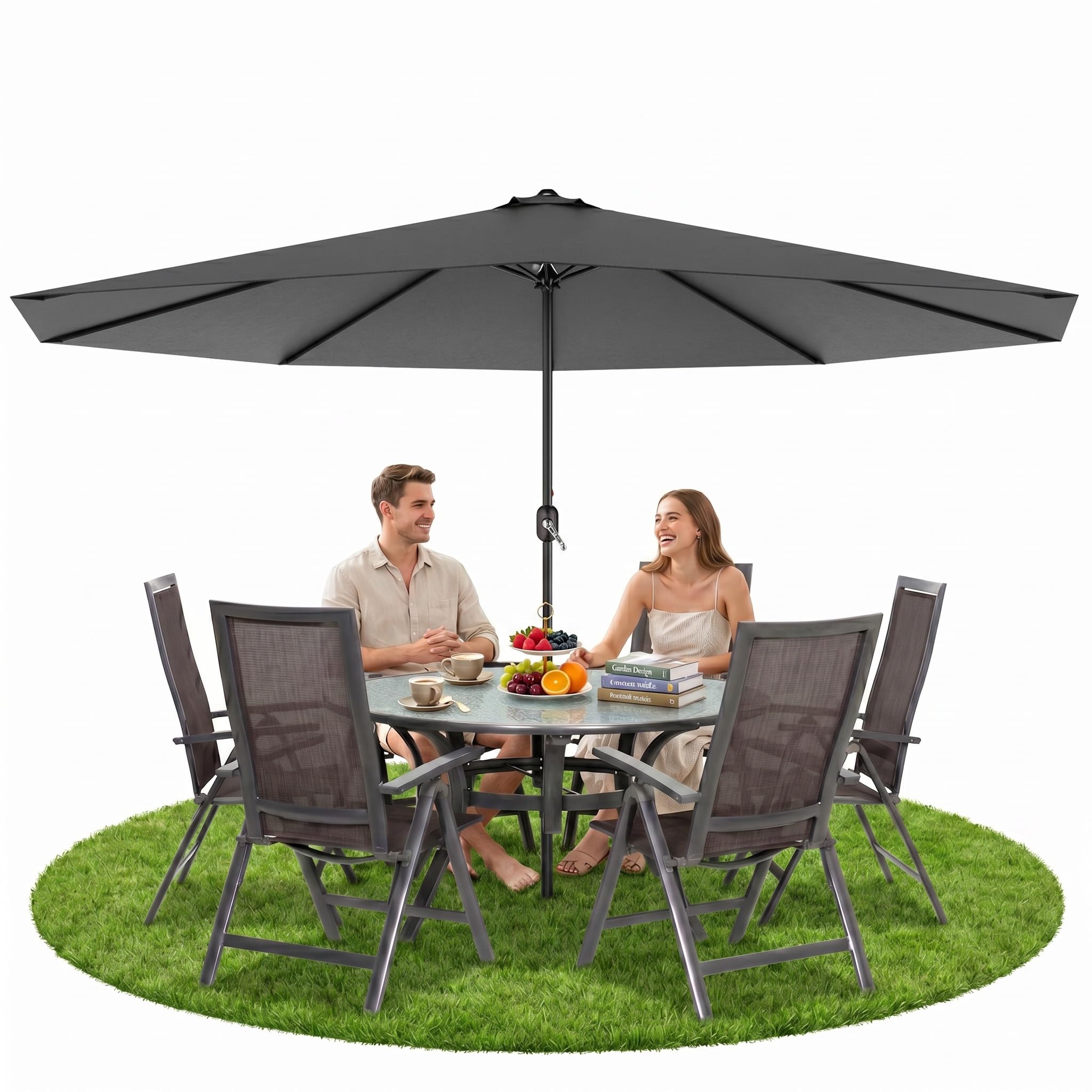 Gartenschirm Ø 350 cm,UV-Schutz 40+ Terrassenschirm klappbar mit Kurbel, ohne Ständer, Sonnenschirme für Balkon, Garten, Terrasse(Dunkelgrau/Beige)