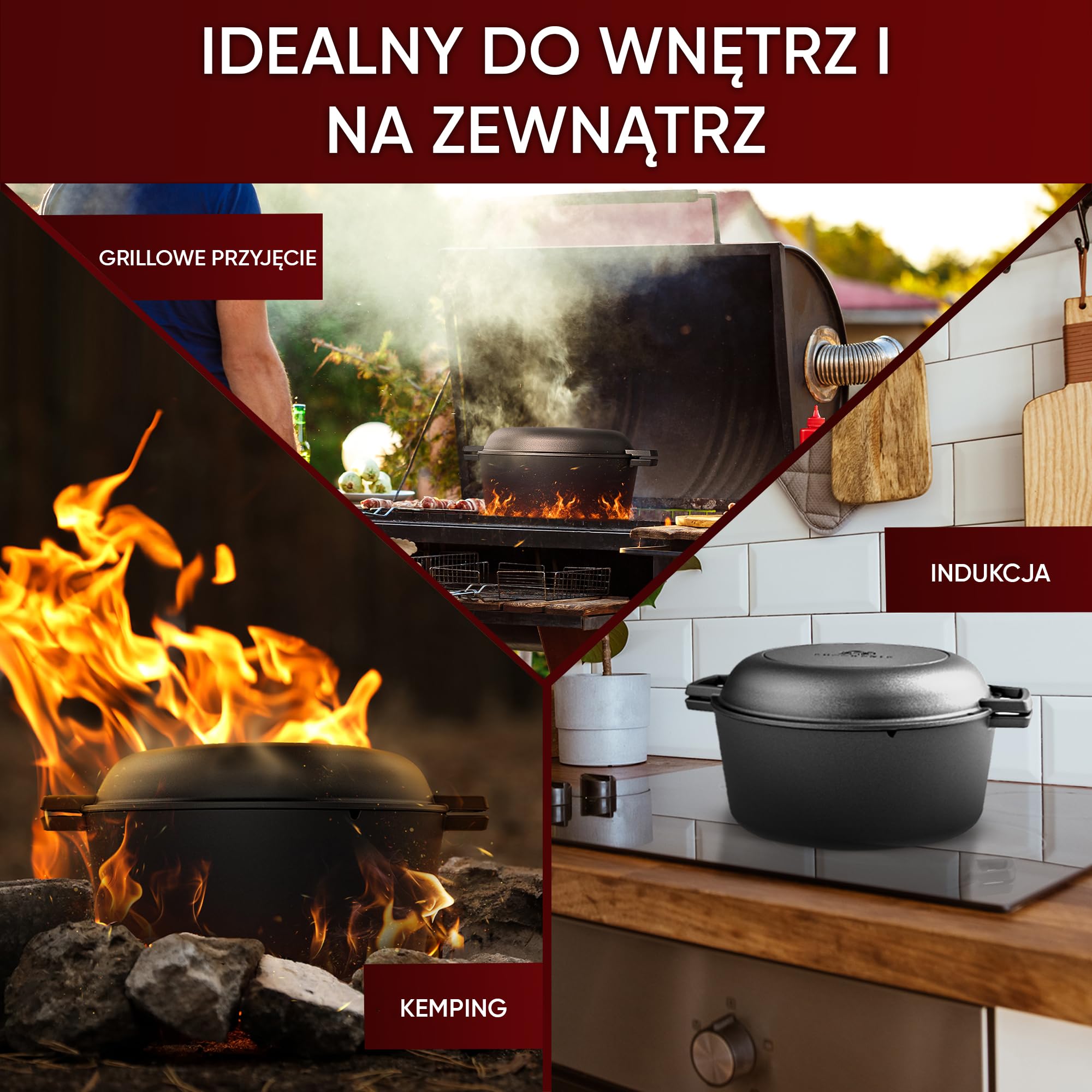 Gusskönig 2w1: Żeliwny garnek (4,8L) & patelnia grillowa (1,8L). Wstępnie przyprawiony. Idealny do zapiekania, gotowania i grillowania.