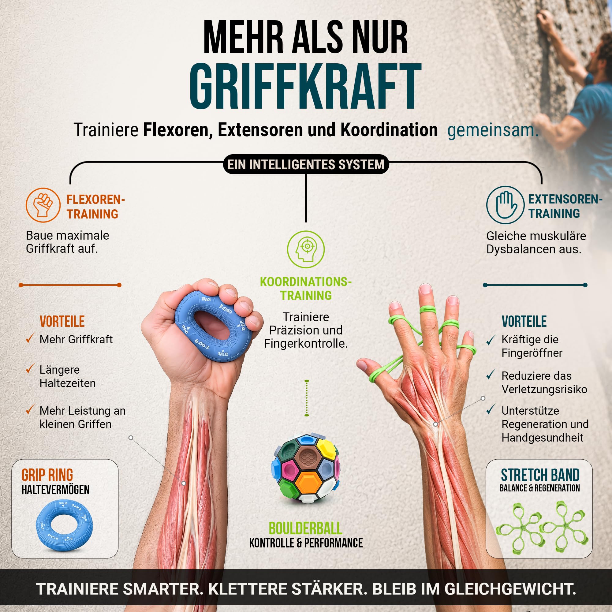BOULDERBALL POWER Trainings-Set zur gezielten Finger, Hand & Unterarmkraft - Anti-Tennisarm & Prävention - inkl. Boulderball, Gummiring, Streckerband & Trainingsplan - Für Kletterer, Sportler & Alltag
