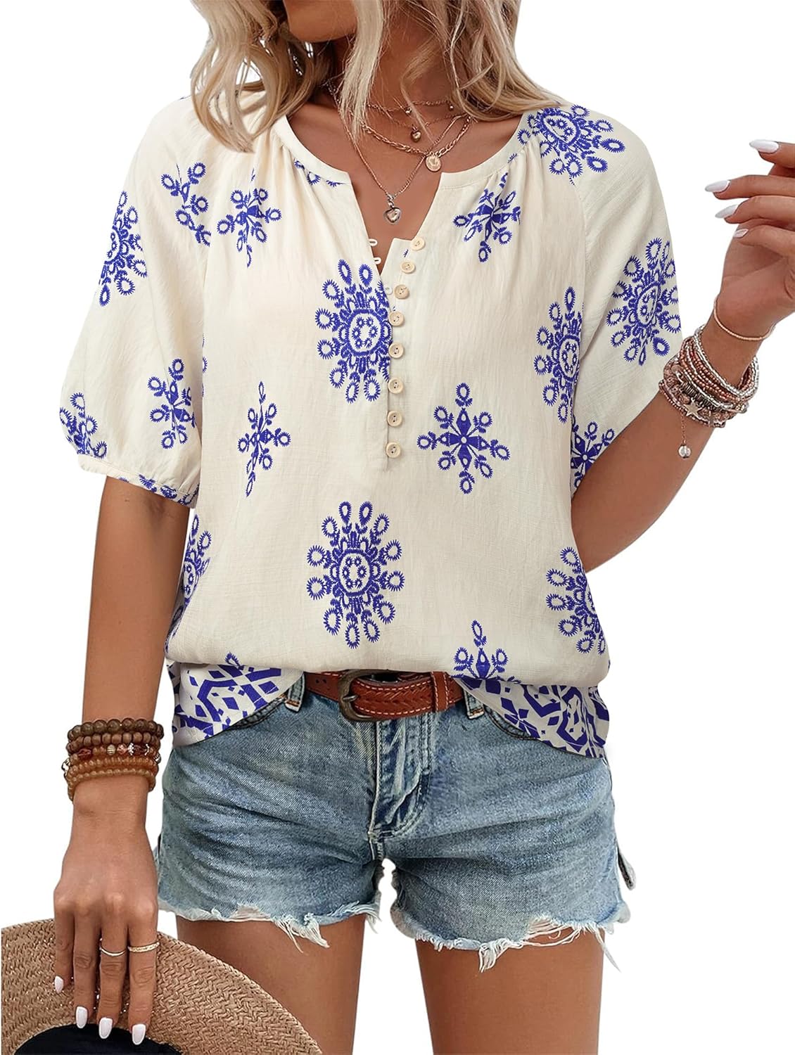 Unixseque Womens Summer Tops V Neck Short Sleeve Blouses Casual Button Down Shirts Floral Boho Clothing Trendy 2025