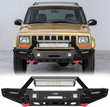 TIOYAR Cherokee Front Bumper w/Winch Plate & 5 LED Lights & 2 4.75T D-Rings Compatible with 1984-2001 Cherokee XJ and Comanche MJ