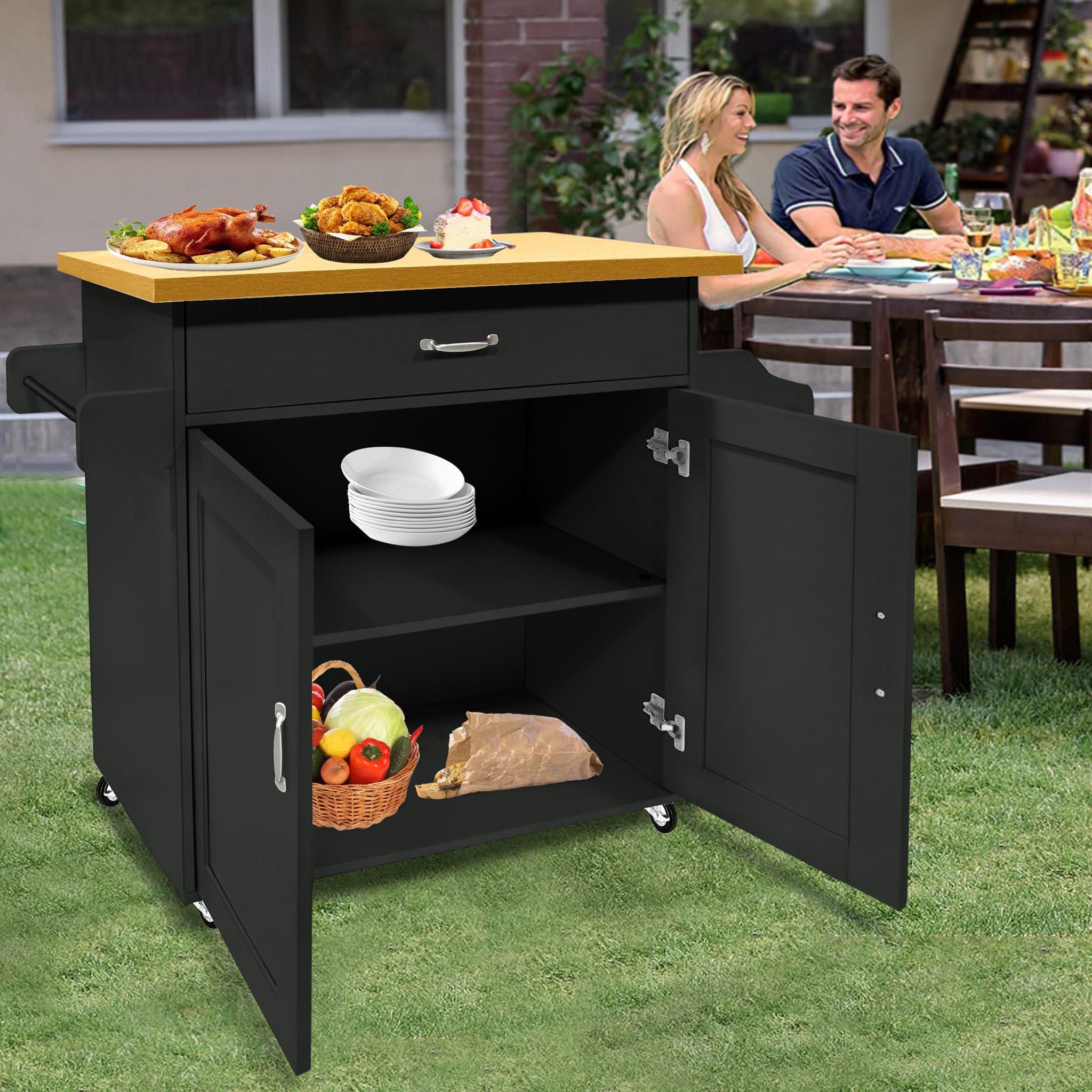 UISEBRT Carro de cocina con tablero de trabajo de madera, armario de cocina con ruedas con cajón y estante, carrito de servir de estilo rústico, carro de cocina móvil, negro