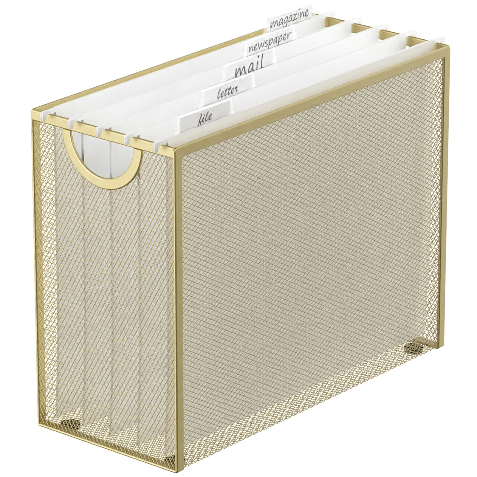 Sinboun Hanging File Organizer Letter-Size File Holder Filing Box Includes 5 Hanging Folders - Metal Mesh Magazine Letter Storage Cabinets File Cart for Office Home School, No Assembly Required Gold