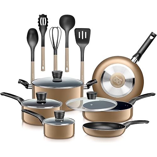 SereneLife Kitchenware Pots & Pans Basic Kitchen Cookware, Black Non-Stick Coating Inside, Heat Resistant Lacquer (15-Piece Set), One Size, Gold