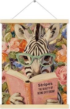 QEJ Funny Zebra Reading Book Wall Art Decor, Whimsical Literary Animal Canvas Poster Hanger Frame, Book Lover Wall Decorations for Bedroom Home Library Office Decor, 12x16 Inch