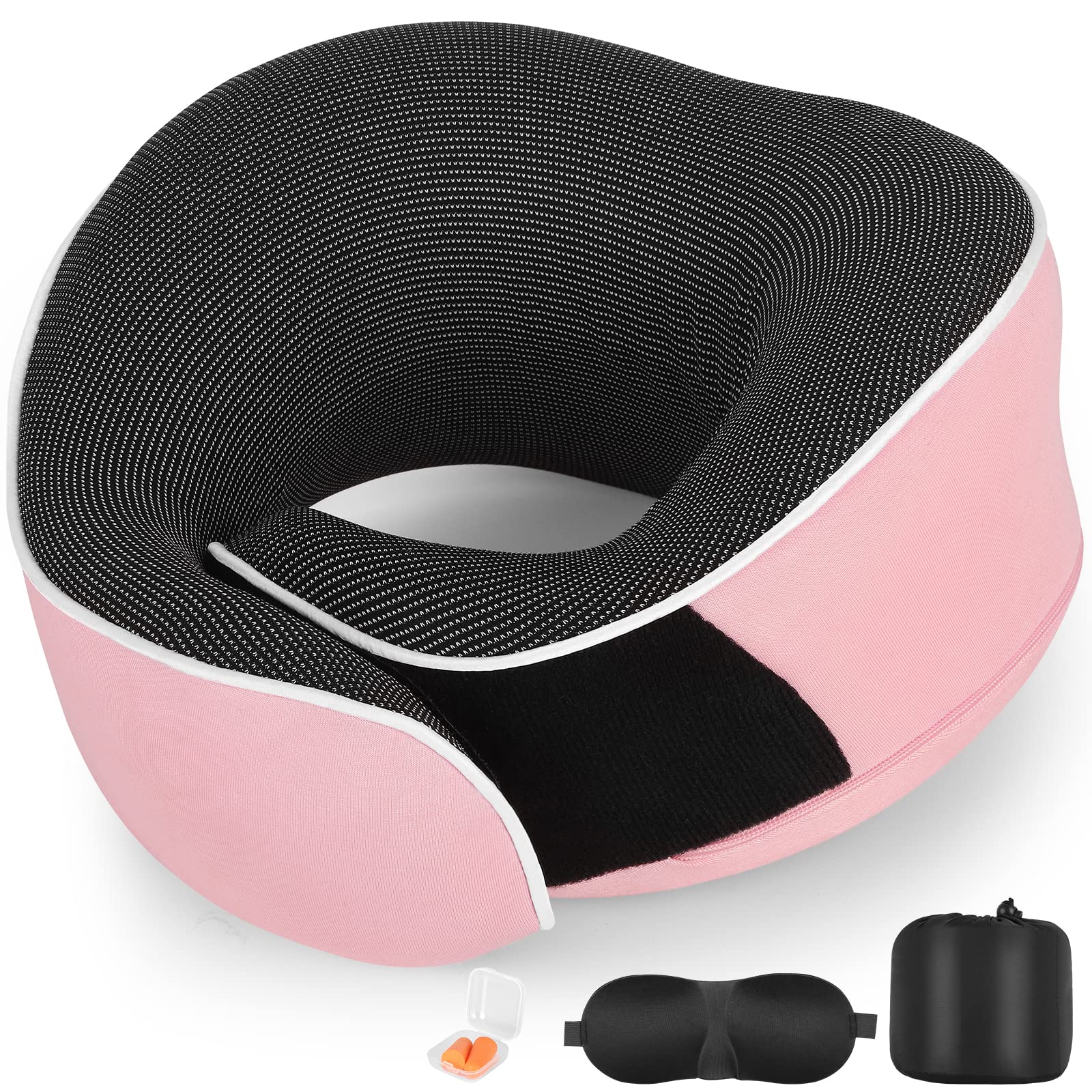 AYhome Travel Pillow, Memory Foam Neck Pillow for Travel, Portable Flight Pillow for Neck Support, Travel Neck Pillow for Airplane Train with Eyemask and Earplugs(Pink)