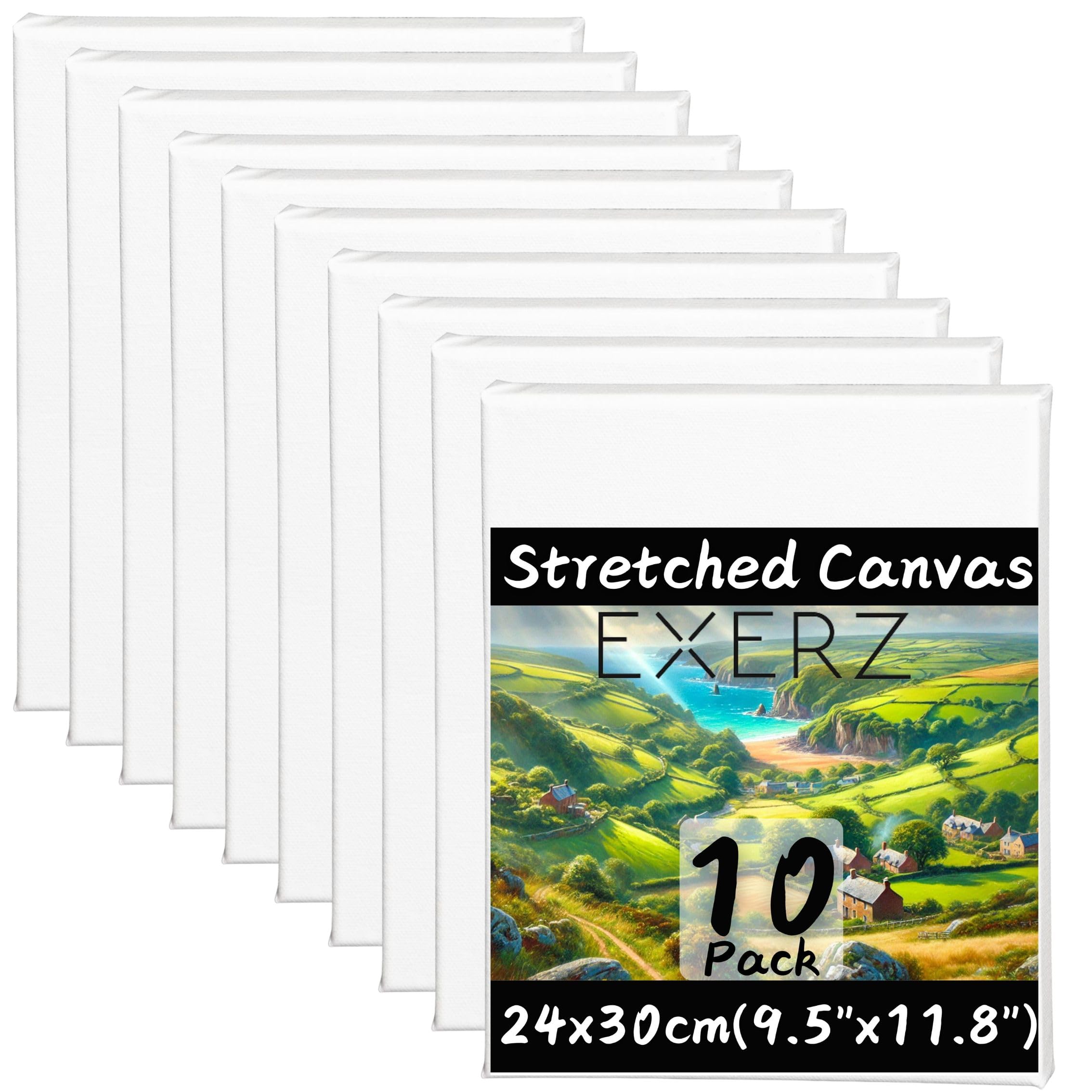 Exerz 24x30cm Pre-Stretched Canvas (10 Pack), 100% Cotton, Triple Primed, Acid-Free, Medium Grain, 1.7cm Thickness, 280 GSM
