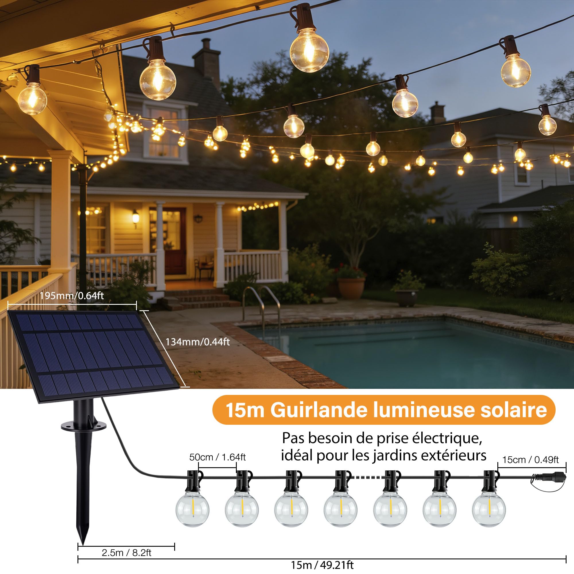 HeiPard LED Guirlande Solaire Exterieur 15m 25+2 G40 Ampoules, Guirlandes Lumineuses Blanc Chaud, 3 Modes, Étanchéité IP45, Décoration, FêTe, Patio, Jardin, Camping