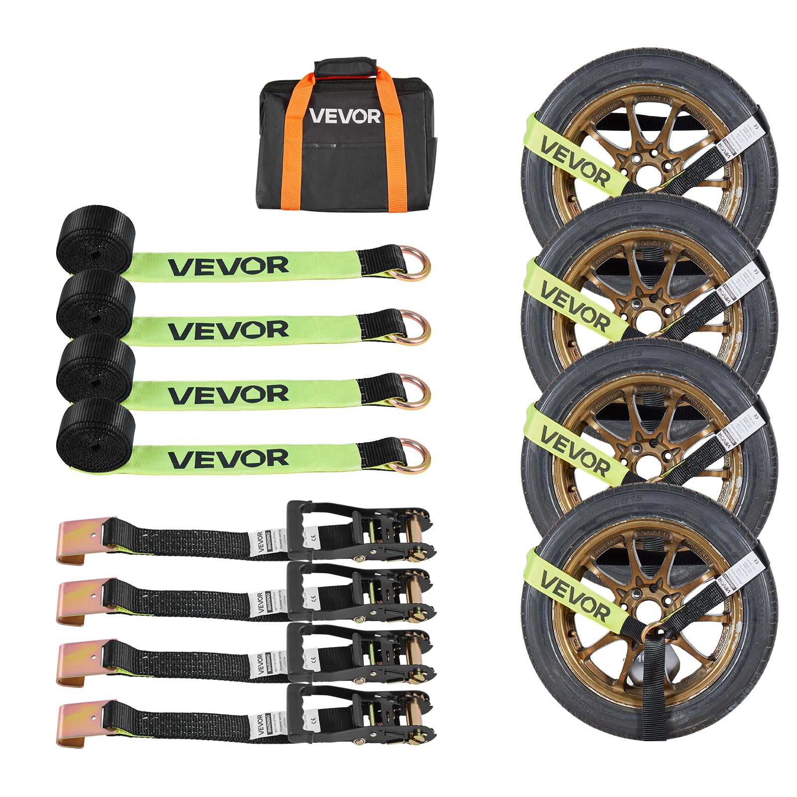 VEVOR Kit de Amarre de Calzo de Ruedas 50,8 x 3048 mm, Correas de Amarre para Rueda con Ganchos Planos, Resistencia a la Rotura de 4540 kg, Carga de Trabajo de 1512 kg, para Vehículos, SUV, Remolques