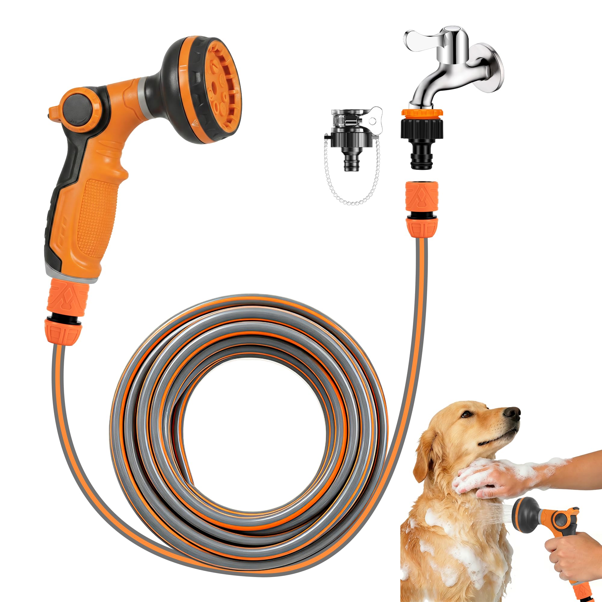 Homrich 6pc Outdoor Dog Shower Hose Kit - 5M Extra-Long Kink-Resistant Garden Hose Pipe, 2 in 1 Hot & Cold Kitchen Tap Connector, Hose Connector and 8 Spray Modes Sprayer for Muddy Paws Pet Cleaning