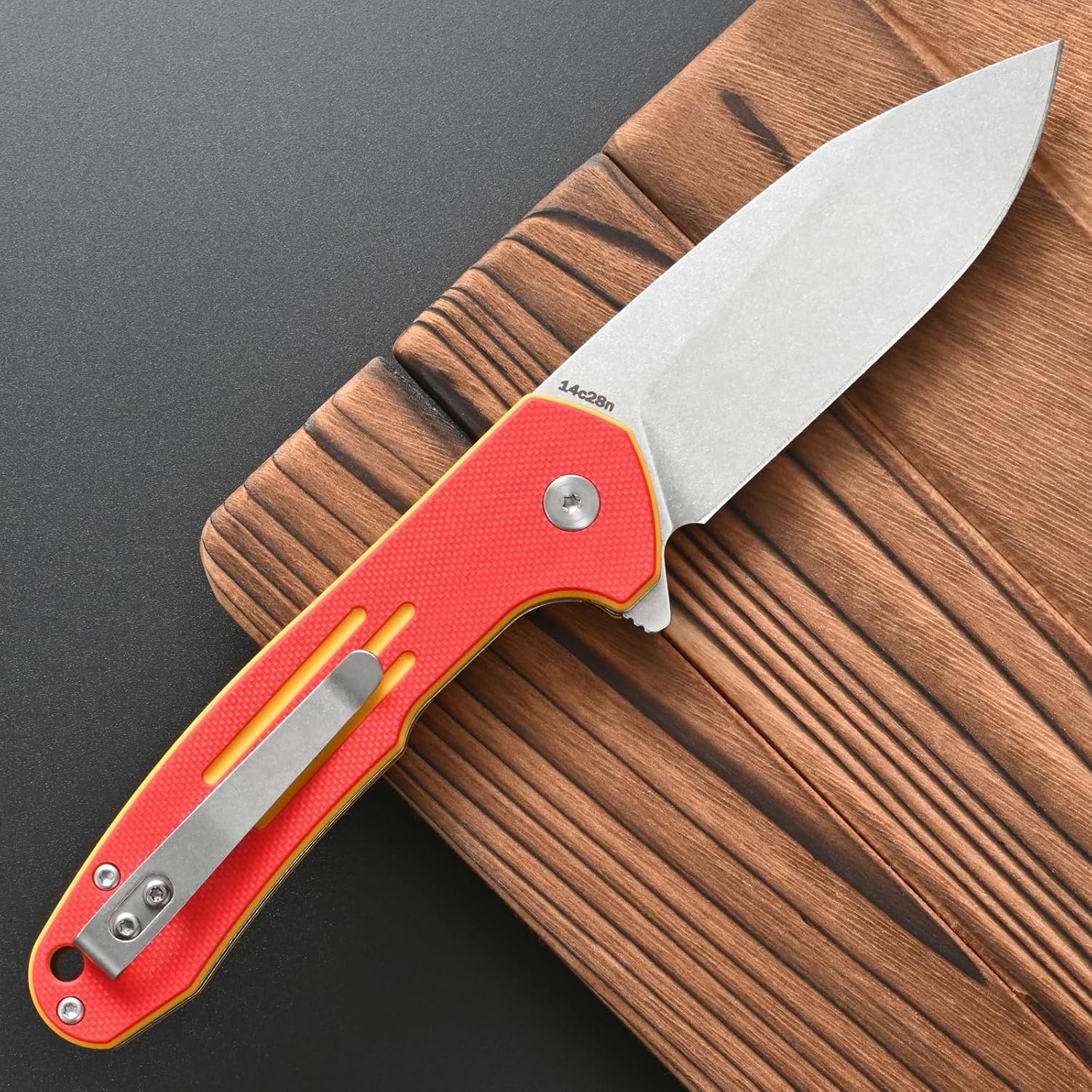 FF16 14C28N Steel Blade Folding Knife G10 Handle EDC Knife Pocket Clip for Outdoor Camping, Hiking, Hunting(Red)