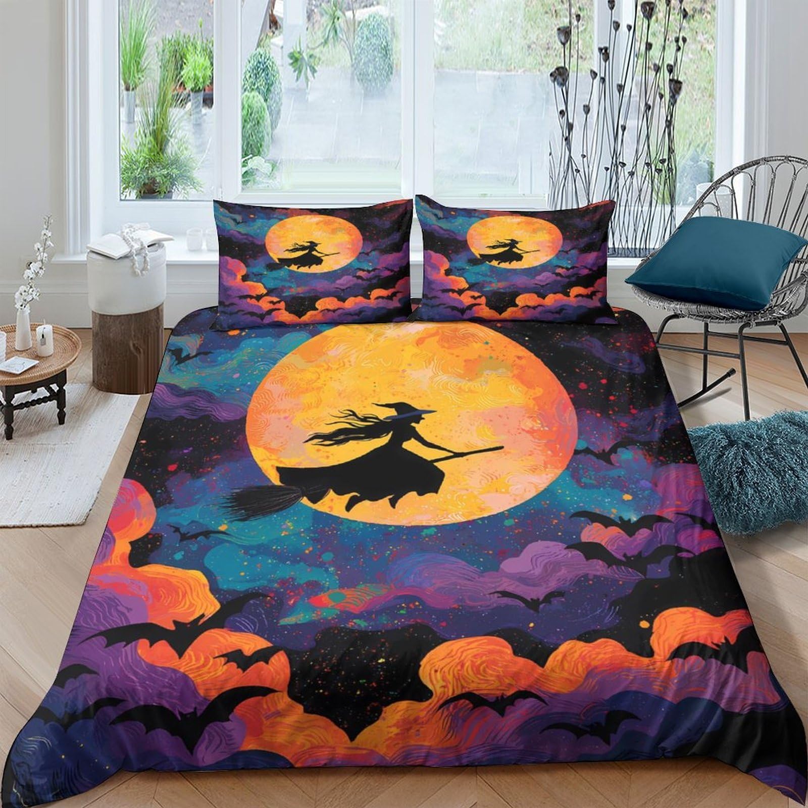 Ctjqhvkz Style-7 3D Printed Halloween Witch Fitted Sheet Microfiber Soft Decor Orange Moon Bat Mattress Cover For Bedroom Guest Room Single（135X200cm）
