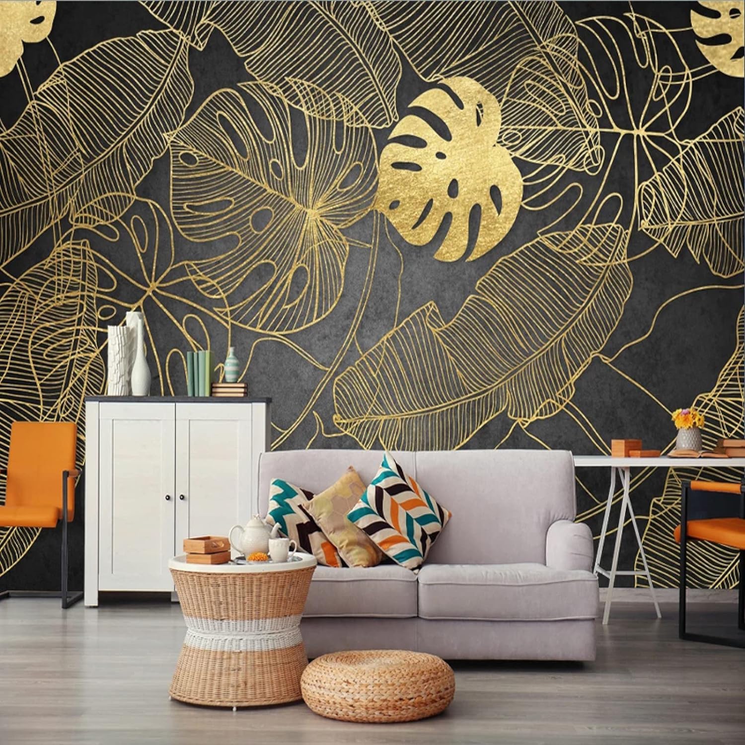 Papier peint 3D fleurs et feuilles 300x210 cm rouleau mural autocollant salon