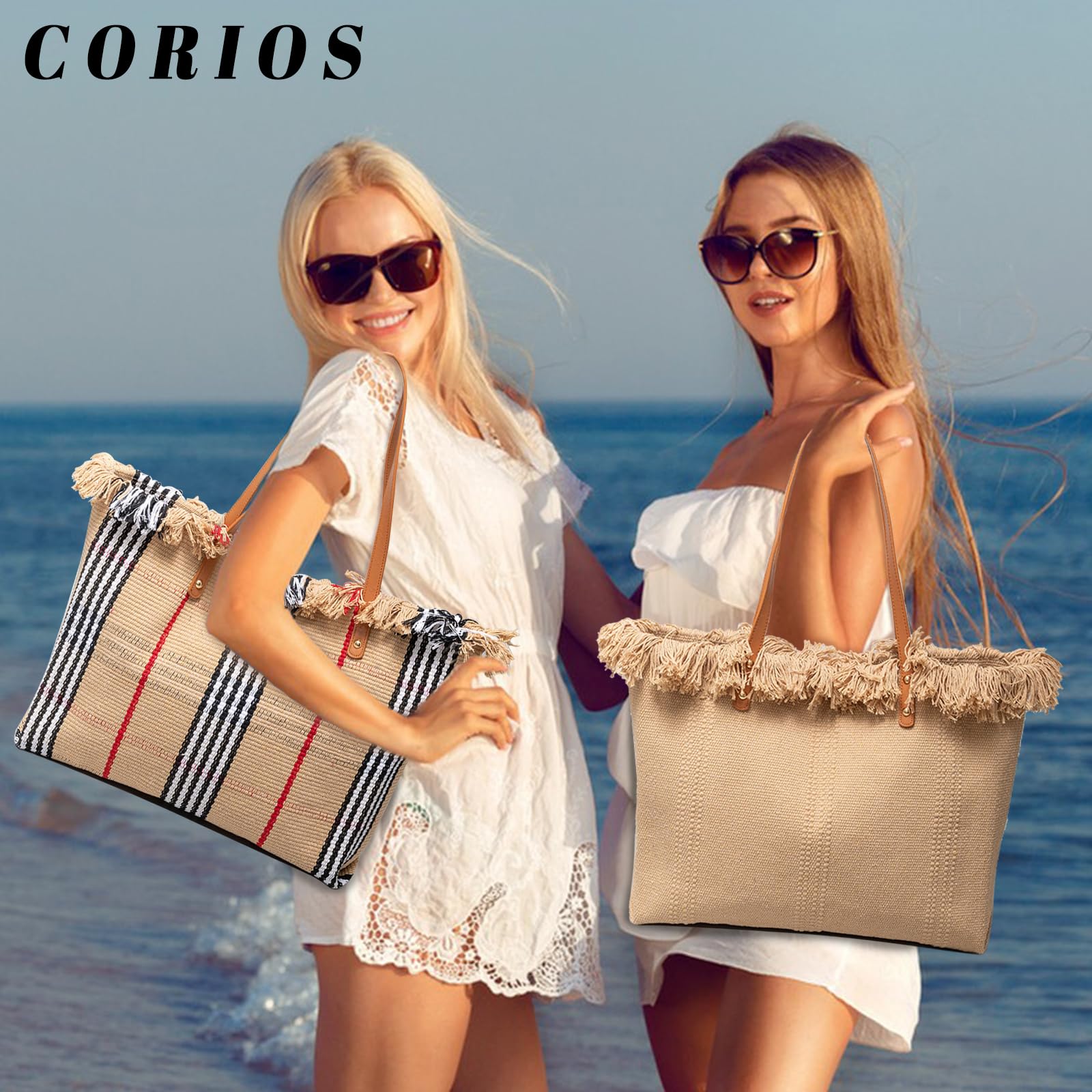 CORIOS Sac à Main Femmes Grande Capacité Sac de Plage Sacs Portés Épaule en Toile Occasionnel Sac Fourre Bohème Sacs Cabas Leicht Sac D'épaule avec Glands pour Plage Vacances Rayures Kaki et Noires