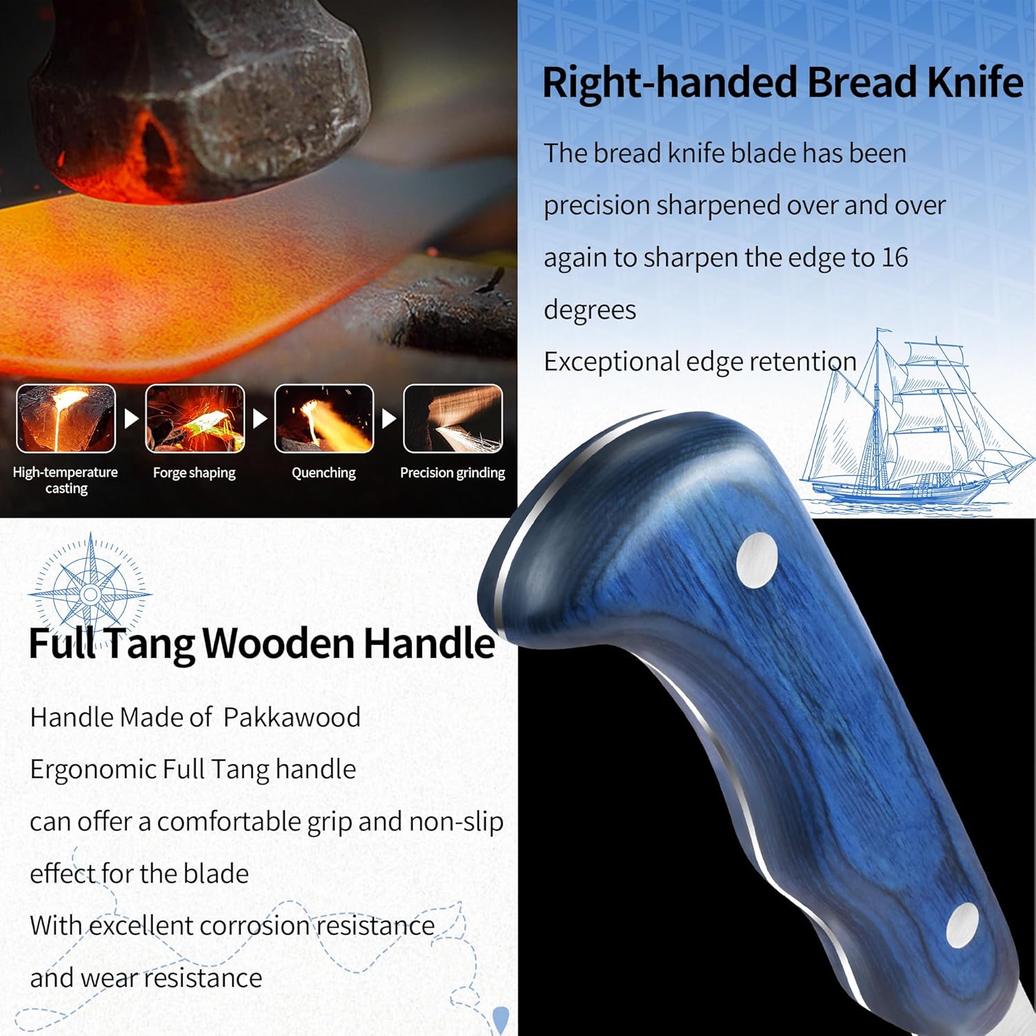 XYJ Authentic Since 1986, Bread Knife 10 inch, Stainless Steel Serrated Blade Cake Knife, Professional Slicing Bread Cutting Knives with Wood Handle for Right Hand Use, Kitchen Serrated Knife