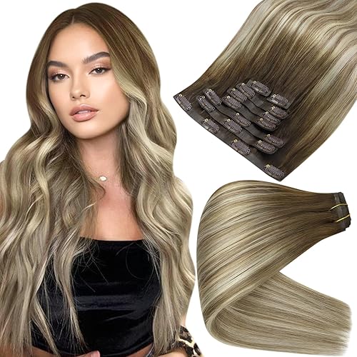 Full Shine Human Hair Extensions Clip in 8Pcs 120 Grams Balayage Brown Fading to Ash Brown and Dirty Blonde Seamless Hair Extensions Clip In Human Hair Brazilian Clip in Remy Hair 16 Inch
