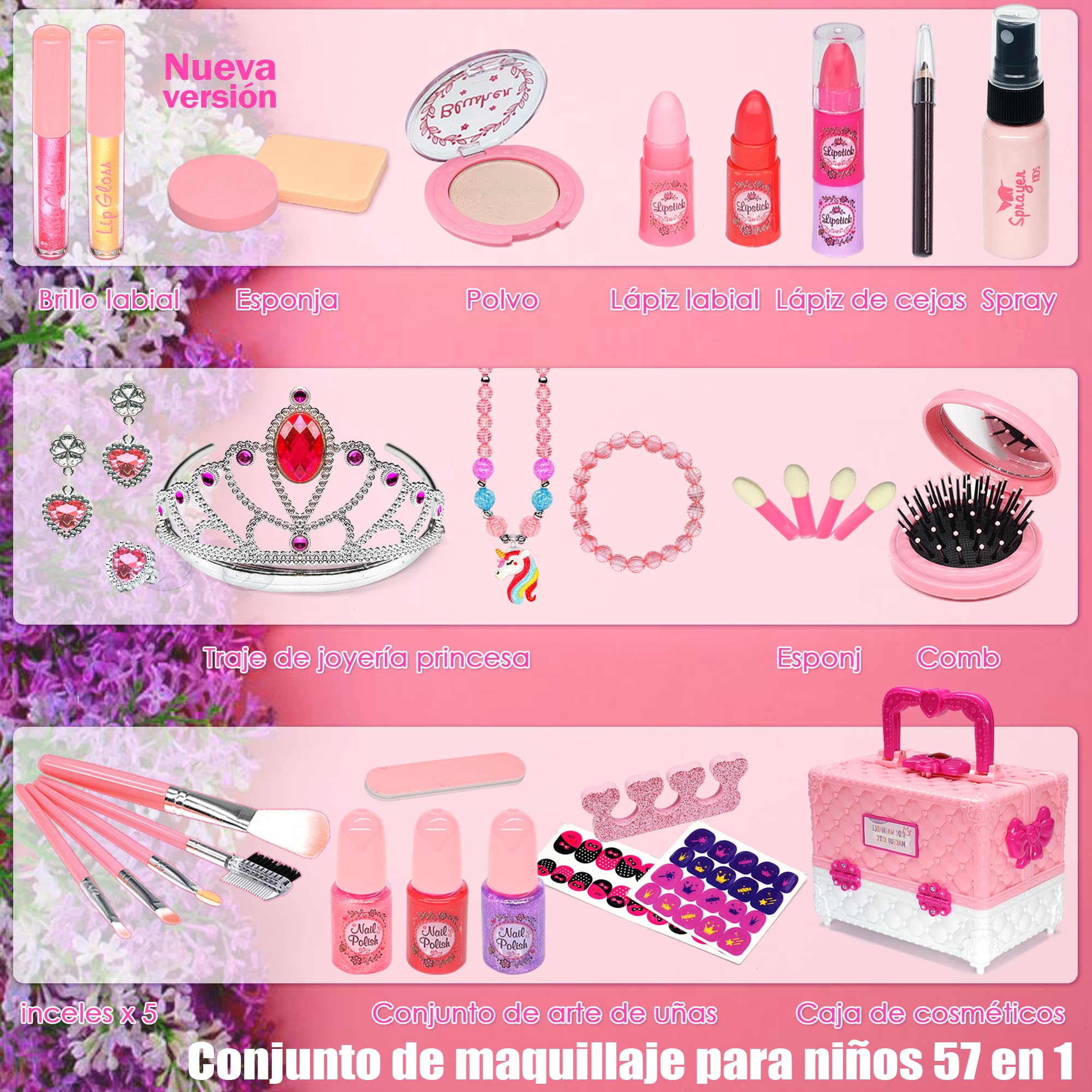 Juegos de Maquillaje para niños, Cajas de Maquillaje para niñas, Juego de 54 Piezas de Juguetes Lavables, Juguetes para niñas 4 - 12, Regalos de cumpleaños para Fiestas