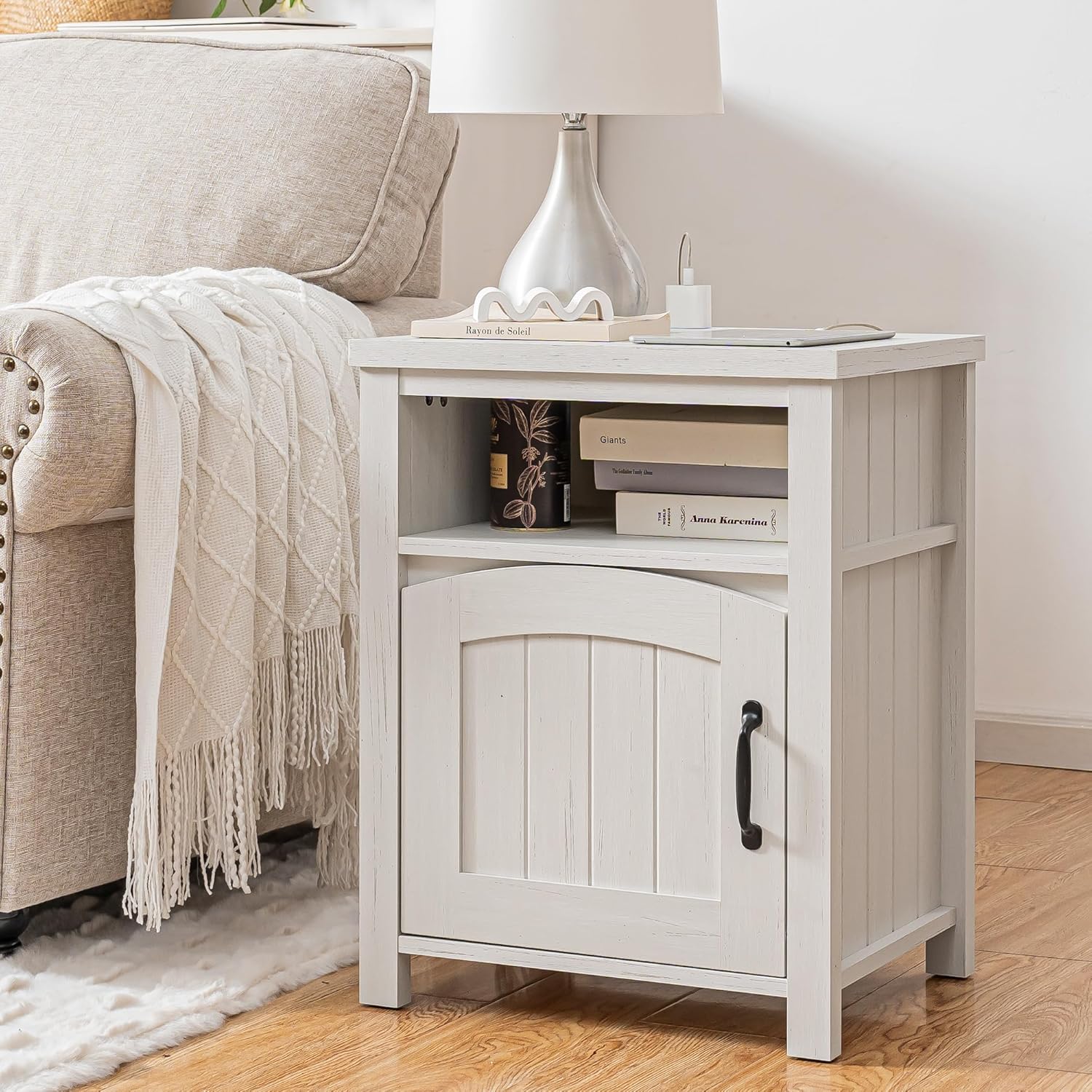 Farmhouse Nightstand with Charging Station 18" End Table with Adjustable Storage Shelf, Rustic Wood Sofa Side Table with Door for Living Room, Bedroom, Antique White
