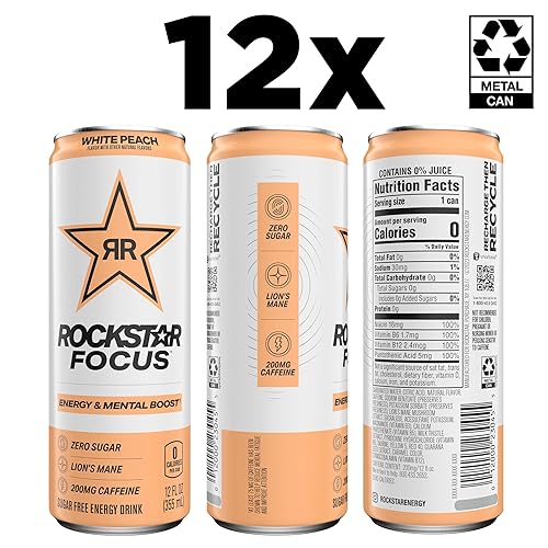 Miniatura 3 de Rockstar Focus Energy Drink, melocotón blanco, melena de león, cero azúcar, cero calorías, latas de 12 onzas, (paquete de 12), 200 mg de cafeína,